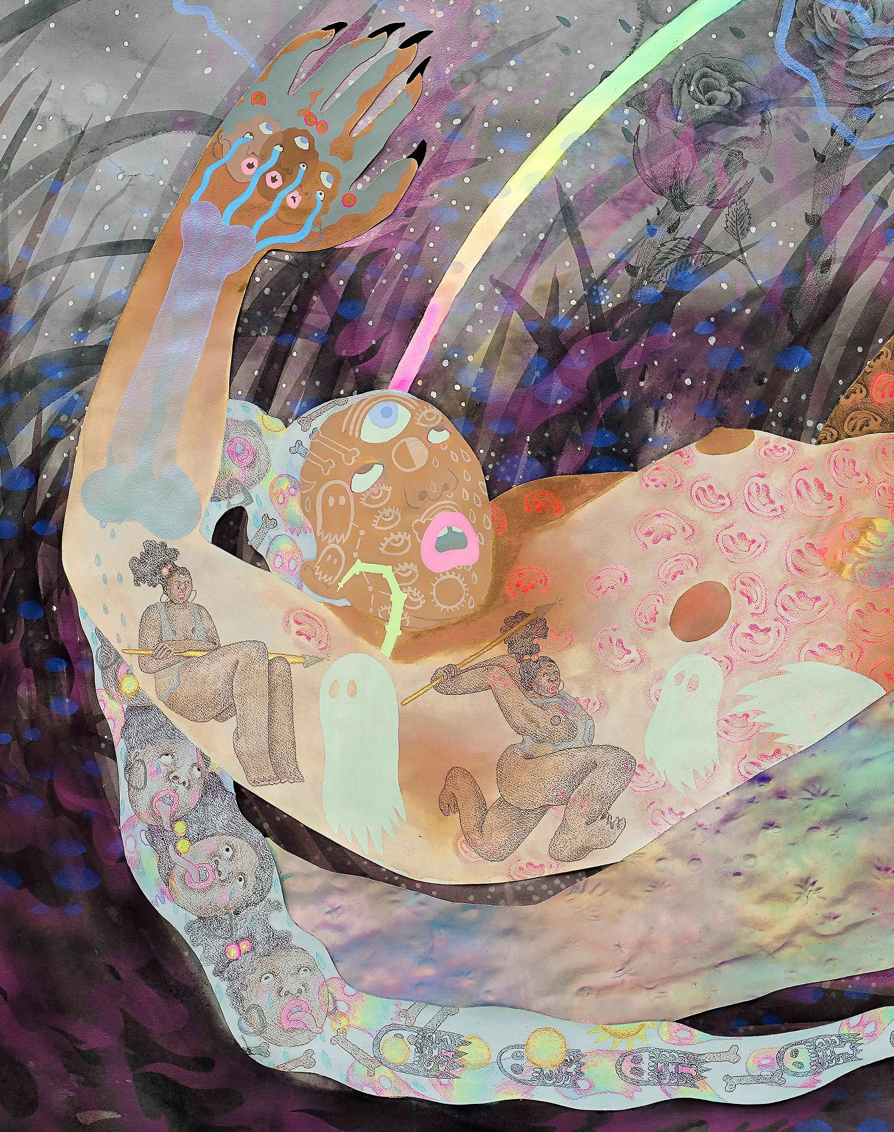 The Trouble With Us (tormenta tropical)
Amaryllis R. Flowers, 2021
44.5 in x 99.5 in
Watercolor, gouache, collage, colored pencil, graphite, airbrush, and acrylic on paper