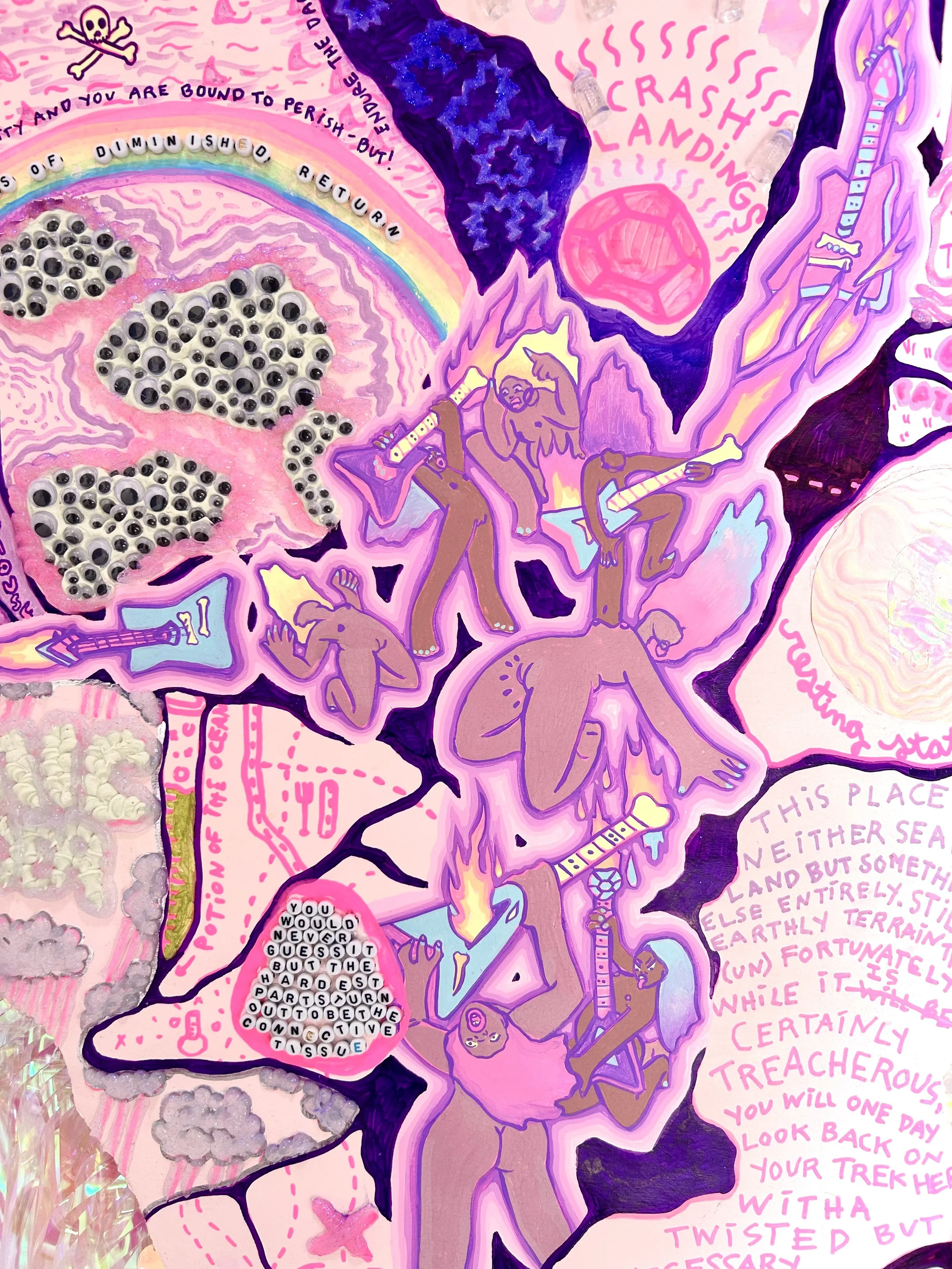 Feel Good Forgotten Map Fragment for Falling Through the Cracks, 2025
Watercolor, embossment, airbrush, gouache, collage, good luck charms, and craft materials on archival paper, 47 x 24 in