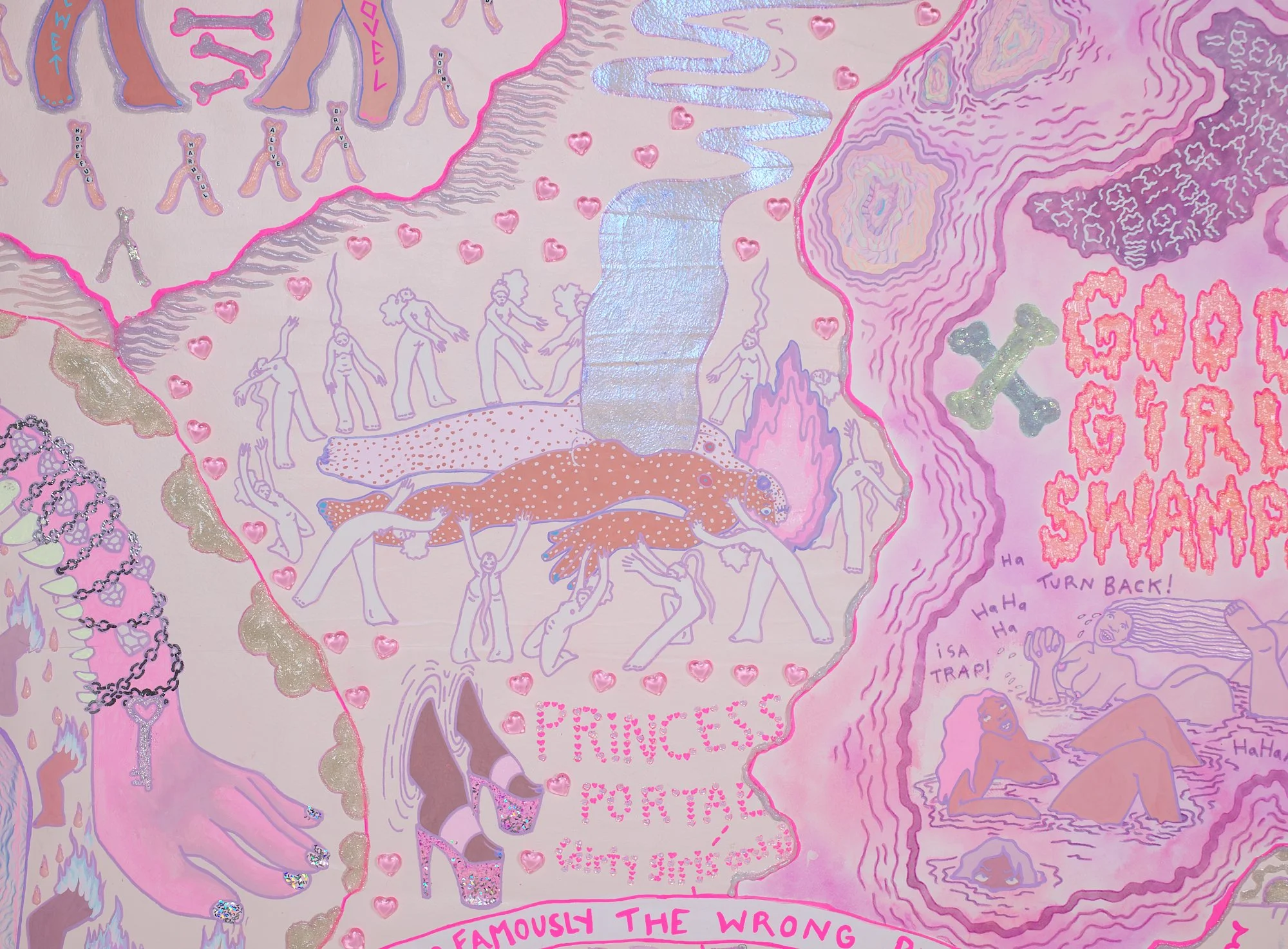 Original Fragment of the Lost Girls Treasure Map, 2025
8 ft x 11 ft
Craft materials, paper, fabric, airbrush, paint, gemstones, and bones