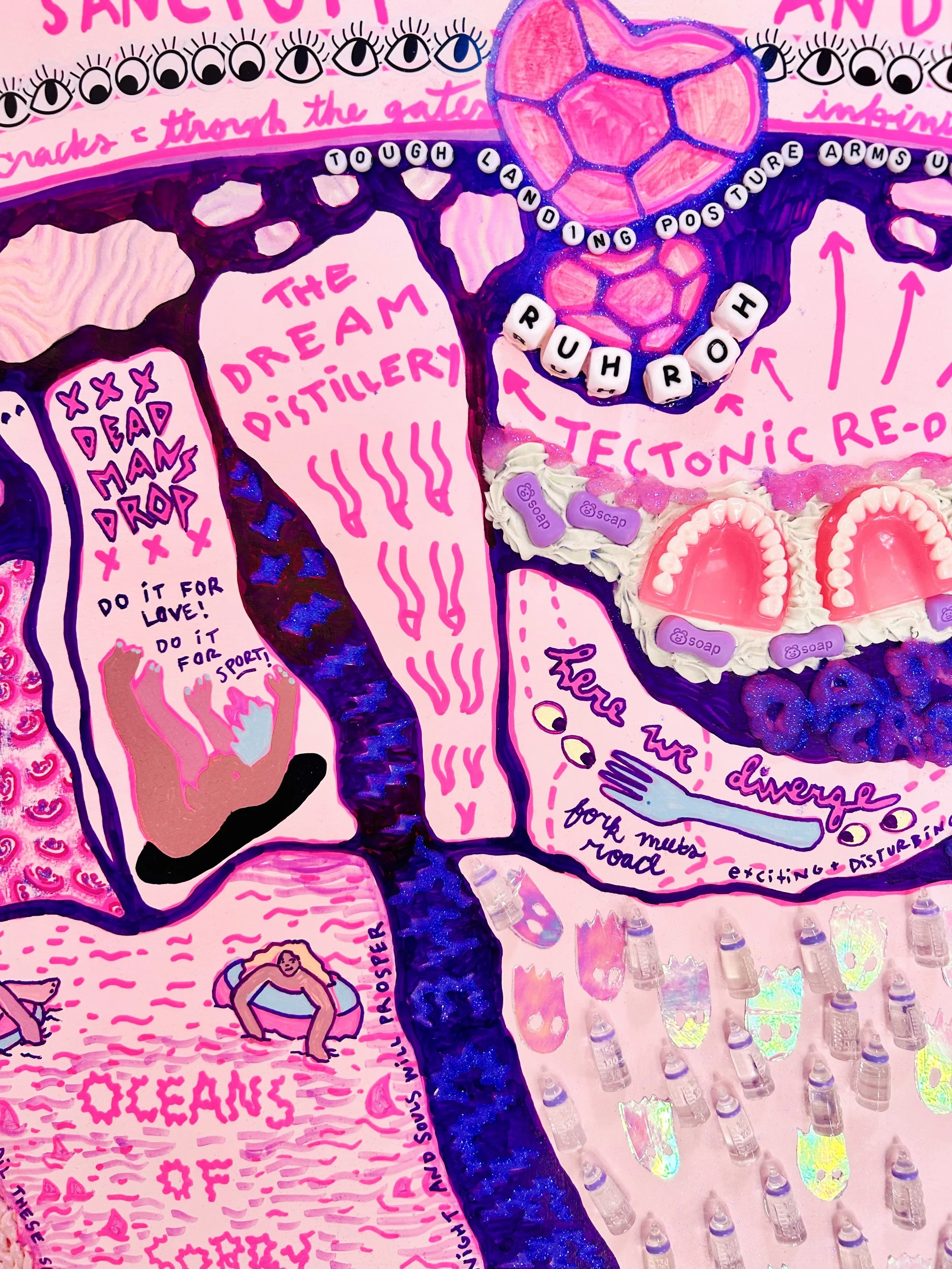 Feel Good Forgotten Map Fragment for Falling Through the Cracks, 2025
Watercolor, embossment, airbrush, gouache, collage, good luck charms, and craft materials on archival paper, 47 x 24 in