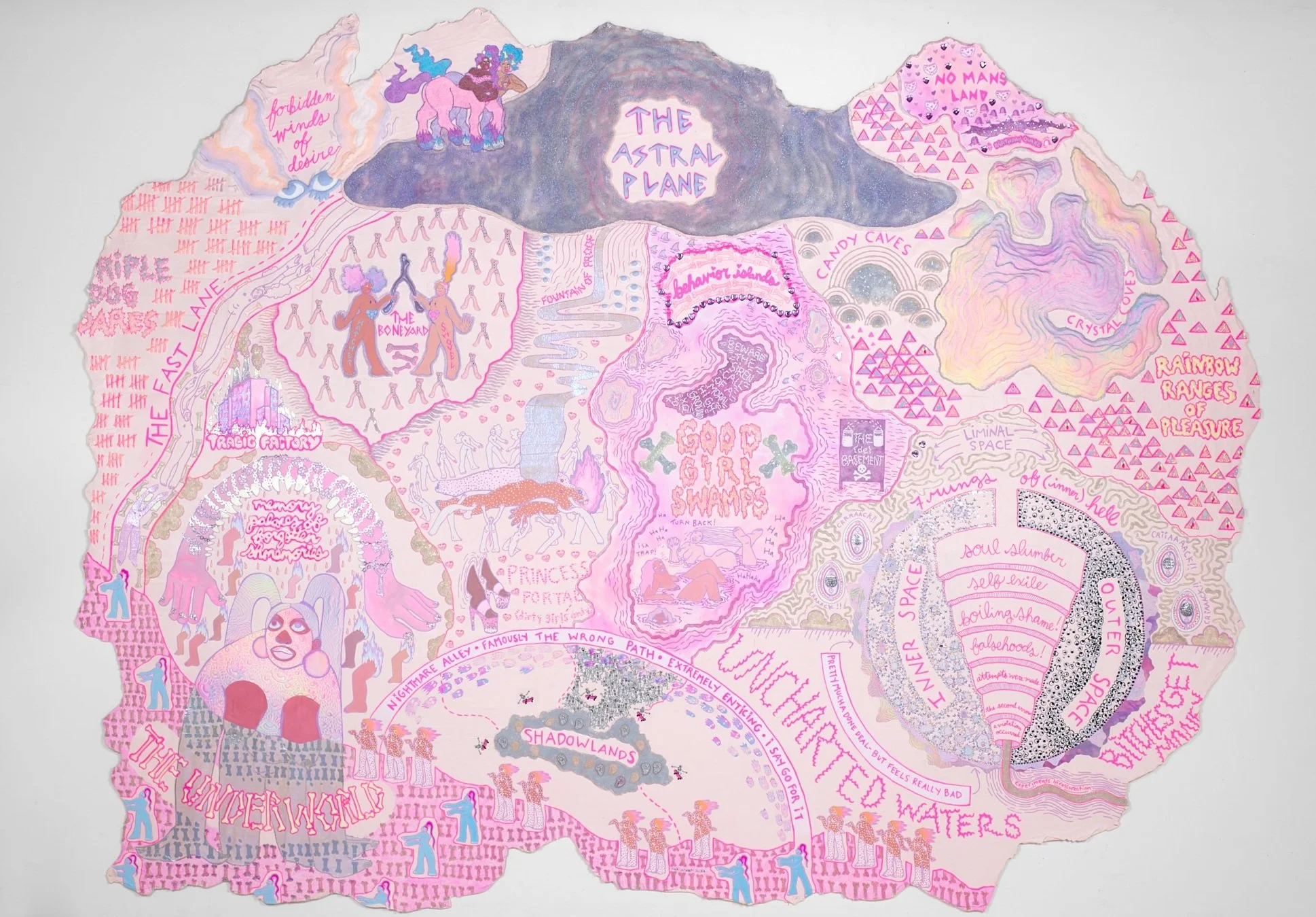 Original Fragment of the Lost Girls Treasure Map, 2025
8 ft x 11 ft
Craft materials, paper, fabric, airbrush, paint, gemstones, and bones