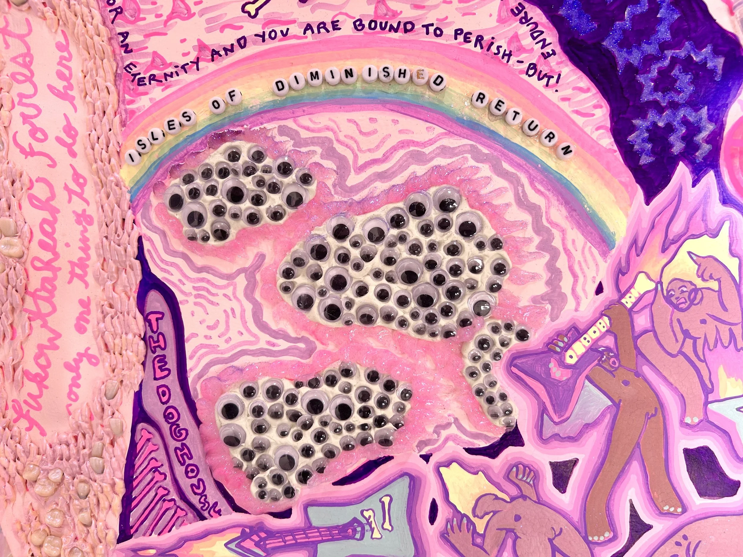 Feel Good Forgotten Map Fragment for Falling Through the Cracks, 2025
Watercolor, embossment, airbrush, gouache, collage, good luck charms, and craft materials on archival paper, 47 x 24 in
