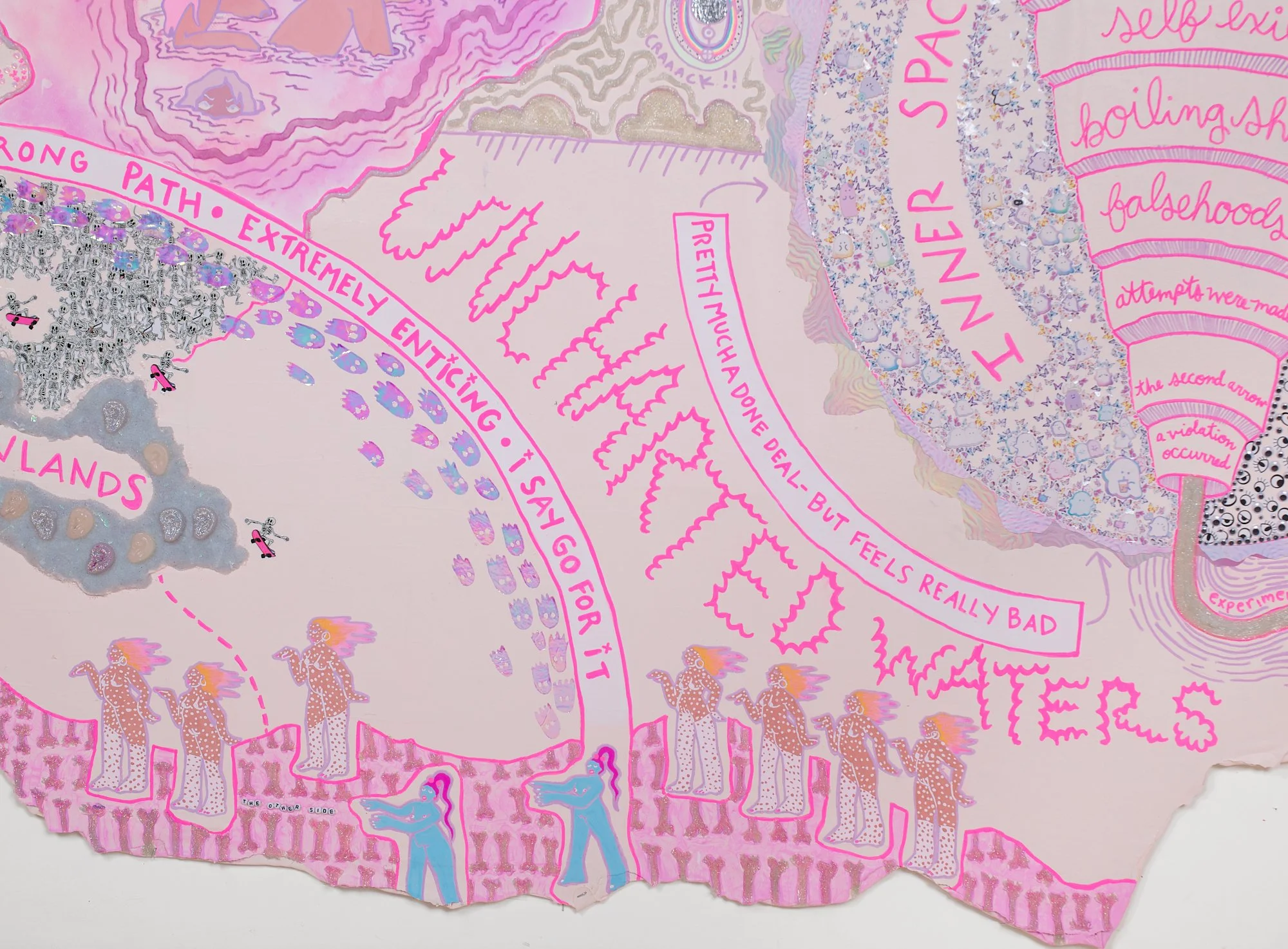 Original Fragment of the Lost Girls Treasure Map, 2025
8 ft x 11 ft
Craft materials, paper, fabric, airbrush, paint, gemstones, and bones