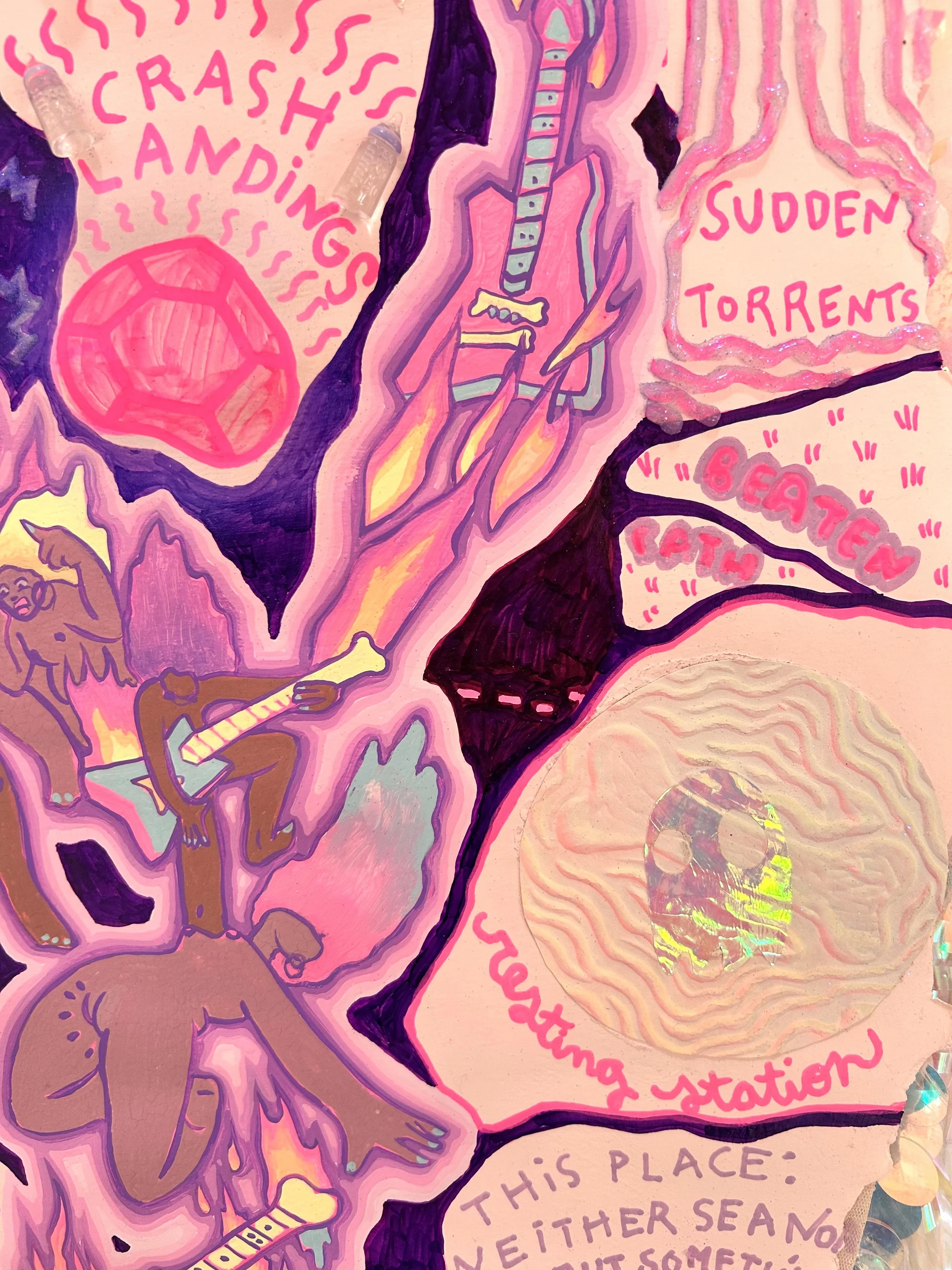 Feel Good Forgotten Map Fragment for Falling Through the Cracks, 2025
Watercolor, embossment, airbrush, gouache, collage, good luck charms, and craft materials on archival paper, 47 x 24 in