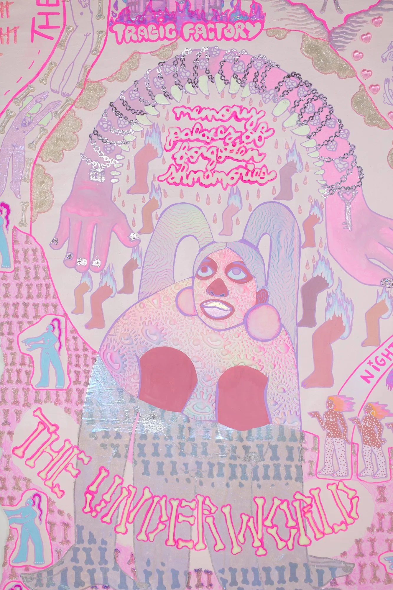 Original Fragment of the Lost Girls Treasure Map, 2025
8 ft x 11 ft
Craft materials, paper, fabric, airbrush, paint, gemstones, and bones