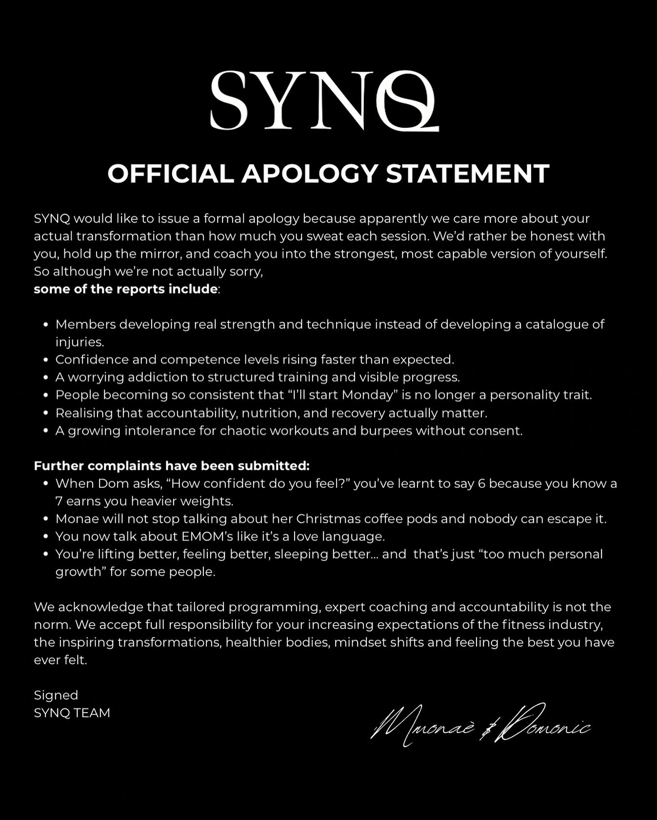 We&rsquo;ve reviewed the reports, and it seems SYNQ has been causing unexpected levels of strength, confidence and consistency.
 When coaching is intentional and programming is structured, progress stops being a surprise.

If that means fewer injurie