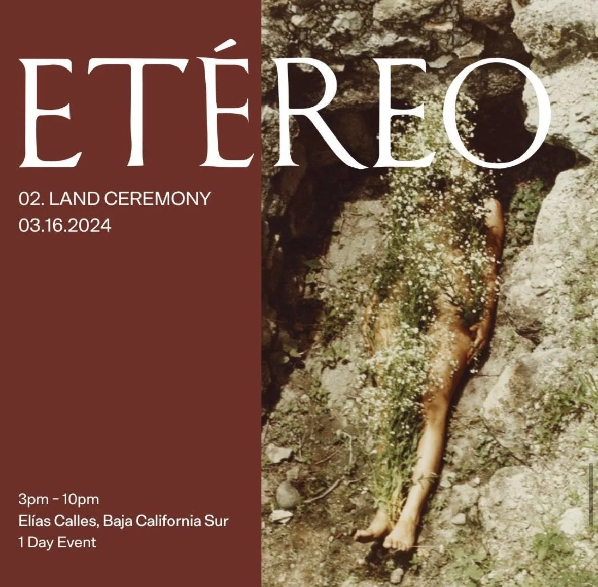 A land ceremony event poster with a background of a dead fish with flowers and plants growing on it, and rocks surrounding it. The event details include date, time, location, and description. The event is called ETERÉO and is scheduled for March 16, 2024, from 3 pm to 10 pm in Baja California Sur.
