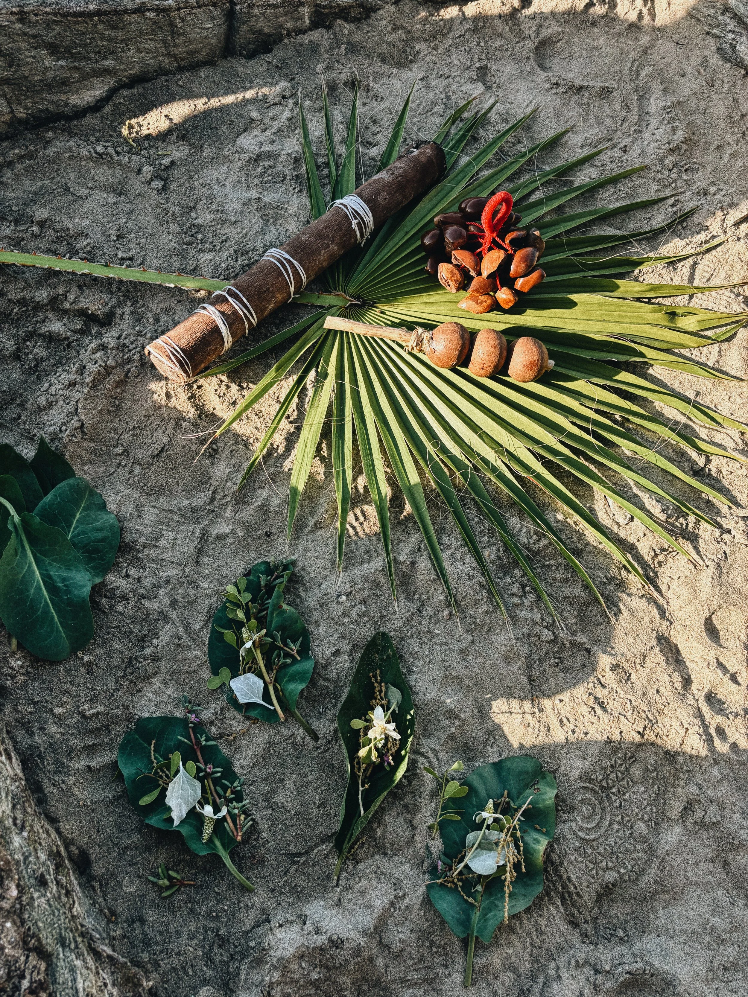 A small arrangement of natural objects on sand, including green palm leaves, a small bundle of reddish-brown stones tied with a red ribbon, a stick wrapped in string, and several green leaves with white flowers and buds.