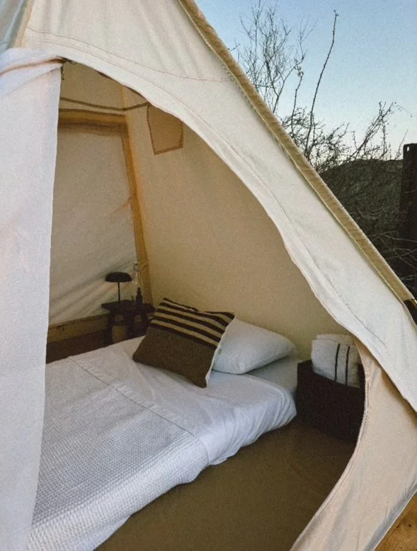 A cozy tent interior with a neatly made bed, pillow, and bedside lamp outside a natural setting.