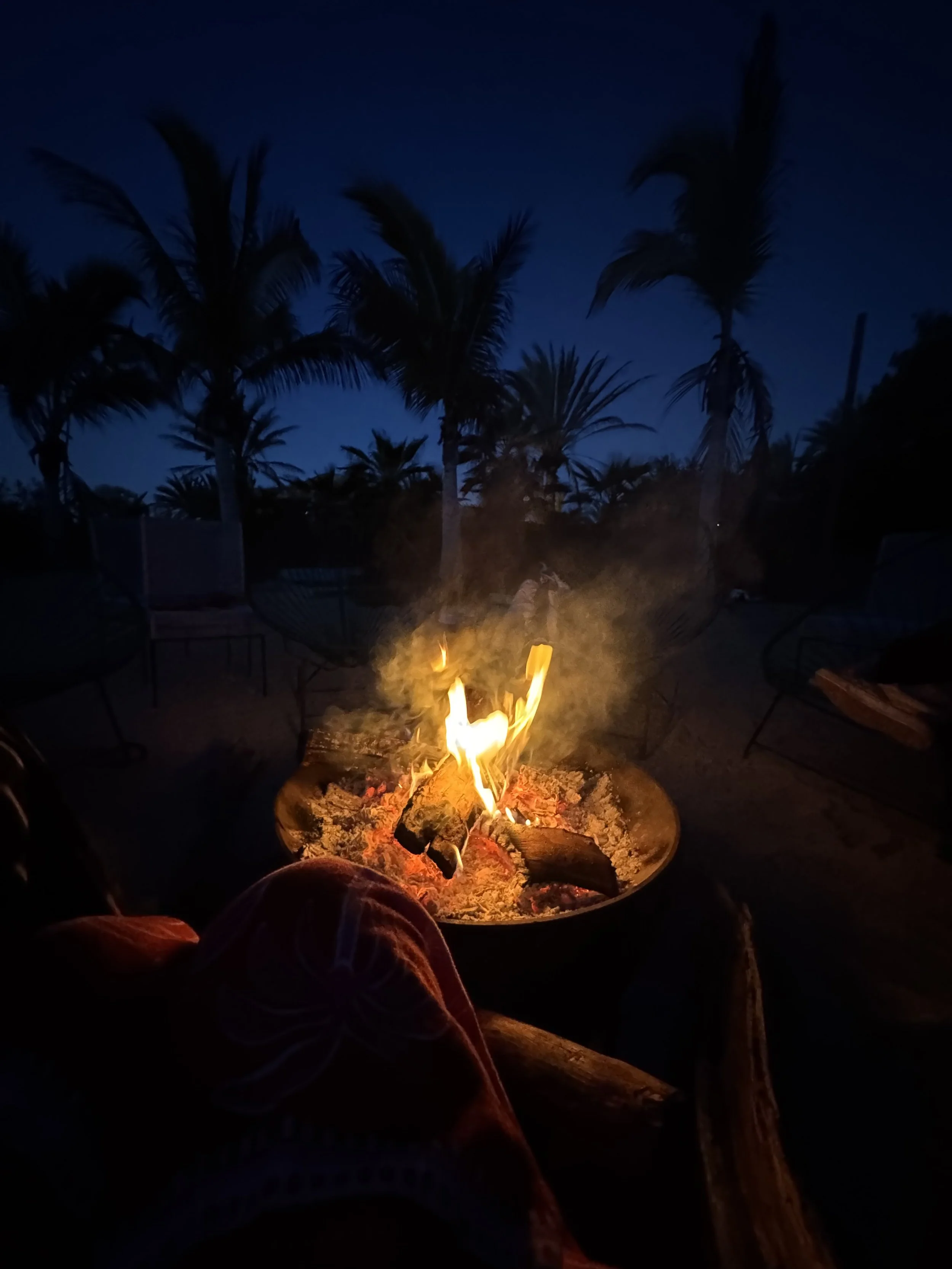 Nighttime outdoor scene with a lit campfire surrounded by palm trees and chairs, with a person sitting nearby.