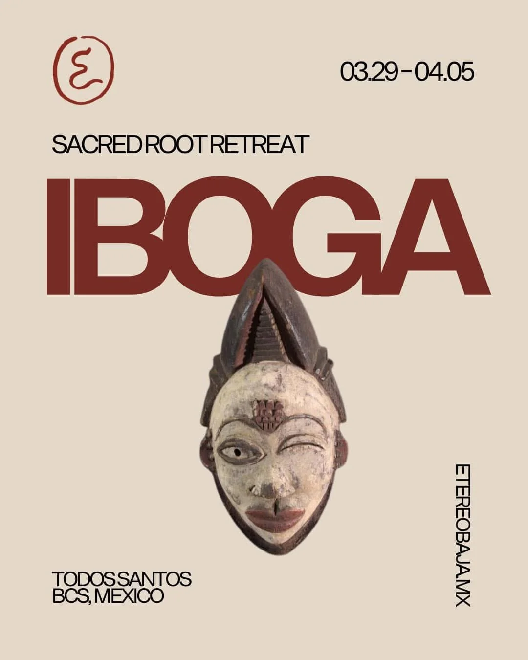 Poster for Sacred Root Retreat titled Buddha, featuring a traditional African mask with a winking face in the center.
