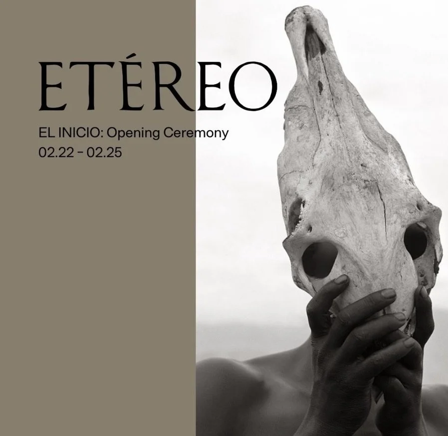A person holding a large animal skull over their face, with the left side of the image featuring text about an event called ETEREO, which includes the dates February 22 to February 25.