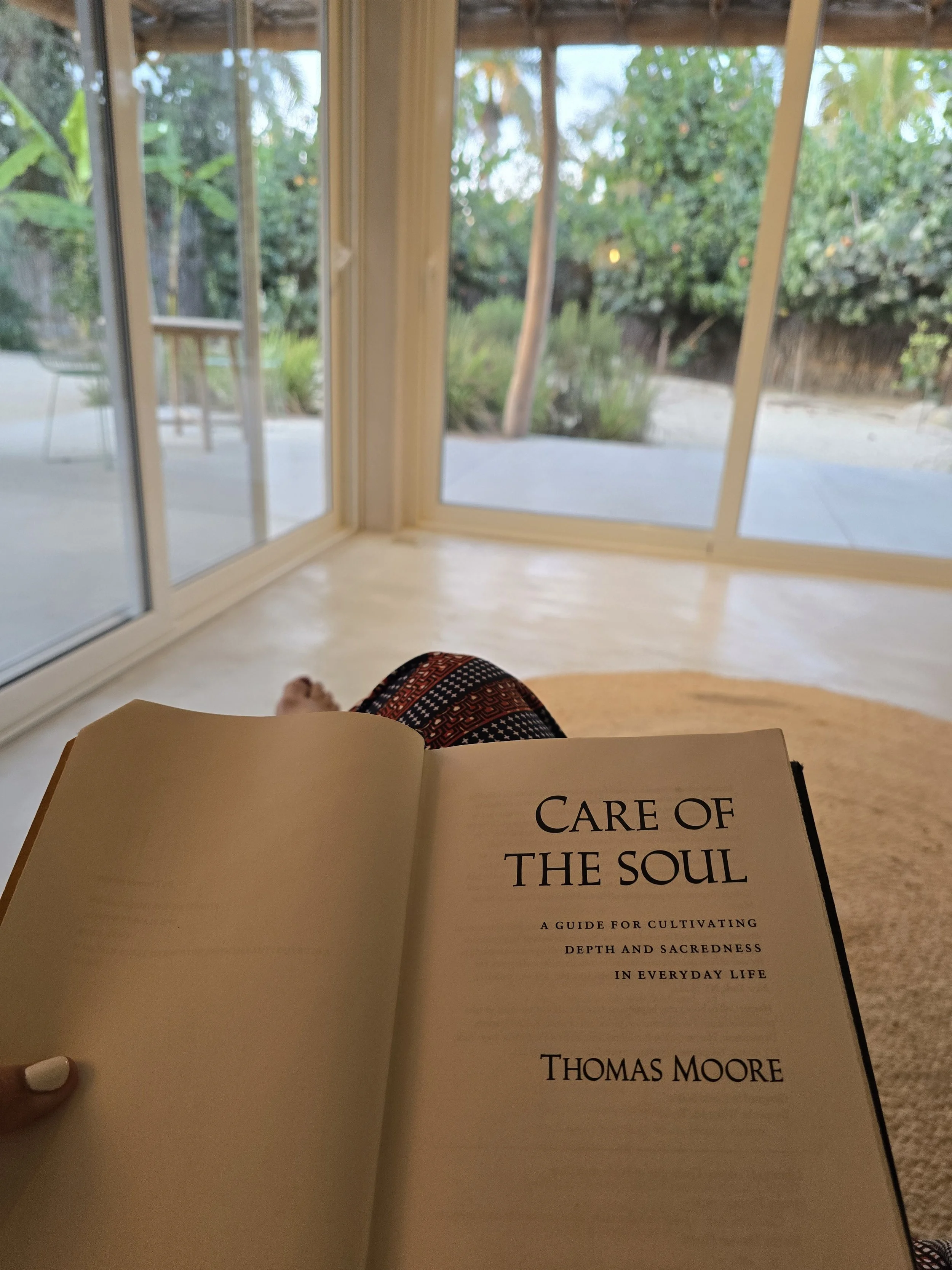 Open book titled 'Care of the Soul' by Thomas Moore being read indoors, with a view of a garden through large glass windows.