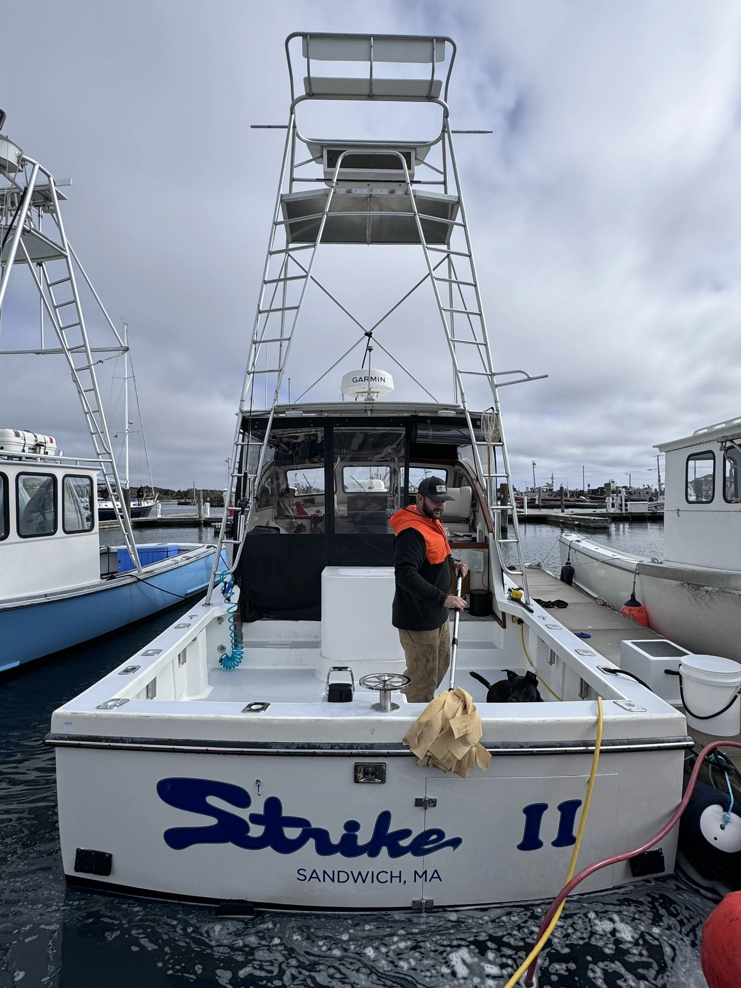 A white fishing boat named 'Strike II' from Sandwich, MA, is docked in a marina with a man wearing a black jacket and orange life vest standing on the deck. The boat has a tall metal tower and a man handling a dog. The sky is cloudy.