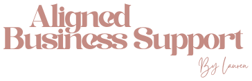 Text graphic with 'Aligned Business Support' and 'by Lauren' in pink and black font.