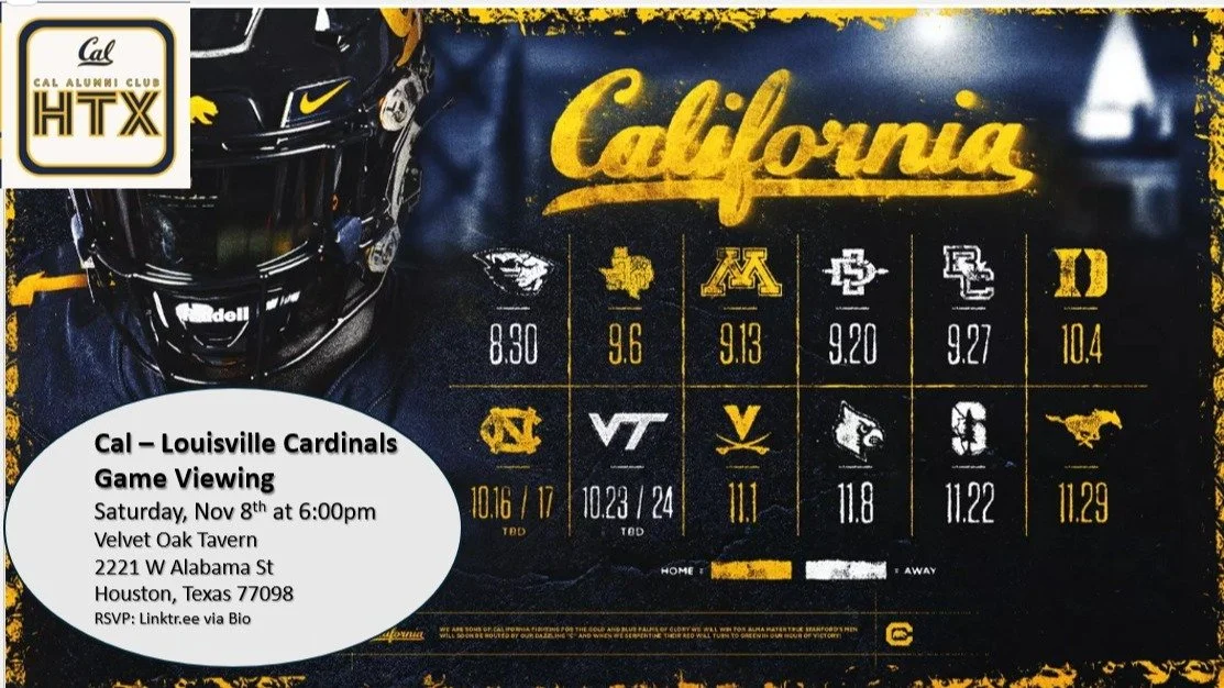 Come watch Cal vs Louisville Cardinals at the Velvet Oak Tavern on Saturday, November 8th at 6:00pm. GO BEARS.

RSVP: Linktree in Bio