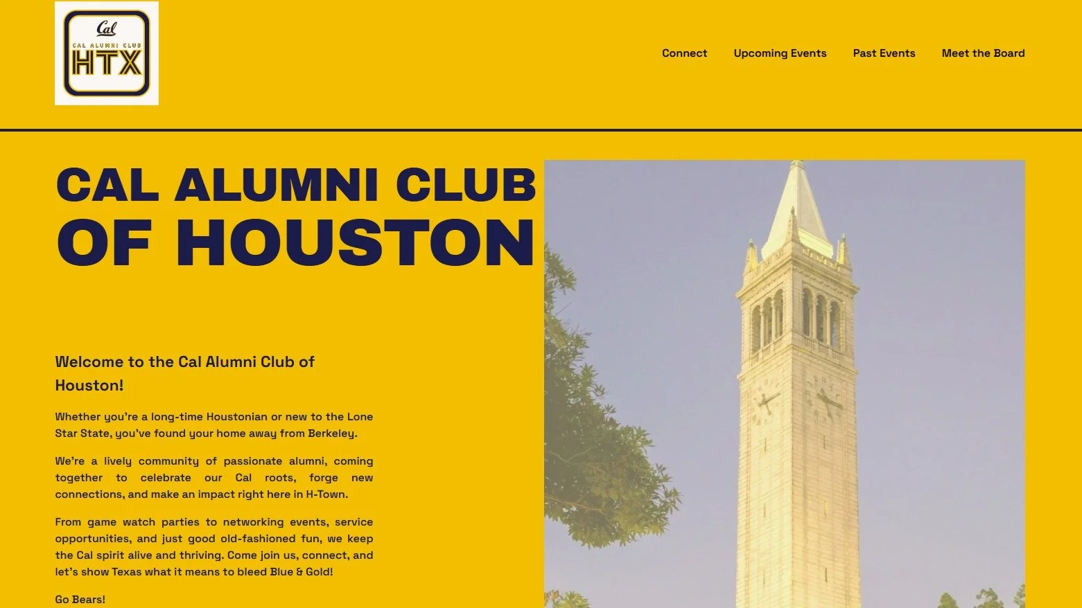 Check out the new Cal Alumni Club of Houston website!

https://www.calbearshouston.com/

It's your new home for everything Cal Alumni Club of Houston! You'll find upcoming events, club news, ways to get involved, and resources to help you stay connec