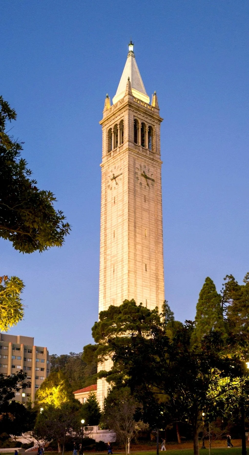 The image shows the Berkeley Campanile Tower illuminated at dusk with a clear blue sky in the background. The tower is surrounded by trees and a few buildings are visible at the lower part of the image.