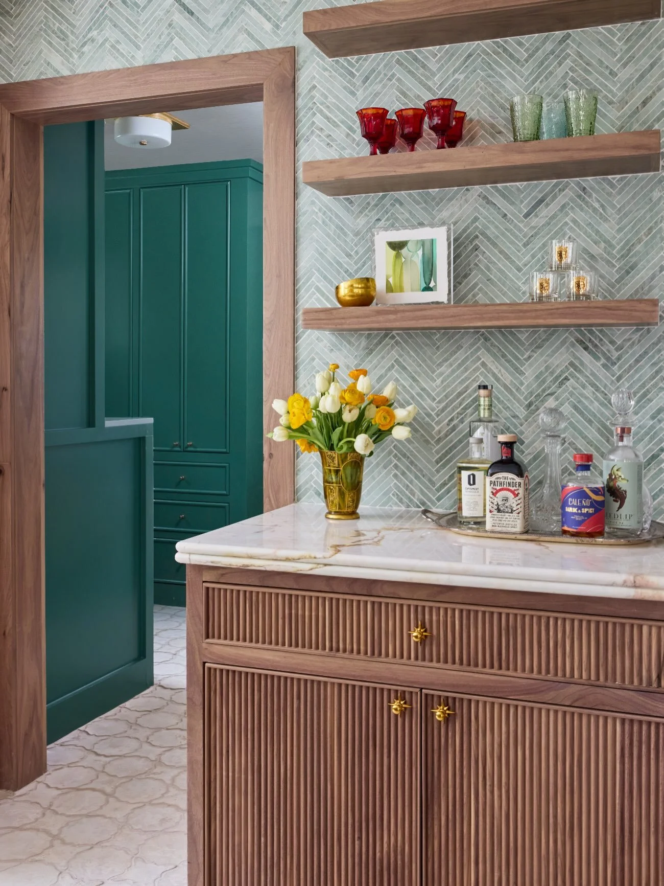 From afterthought to main character. 🍸

An overlooked catch-all turned creative cocktail corner, complete with a custom green marble herringbone installation&mdash;laid piece by piece. No premade mosaic sheets allowed.

Thanks to @yazan.jarah @night