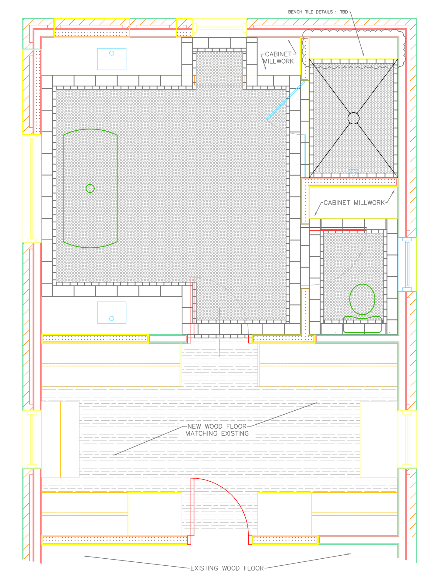 Architectural blueprint of a building plan with detailed room layouts, including areas with walls, floors, and various construction annotations.
