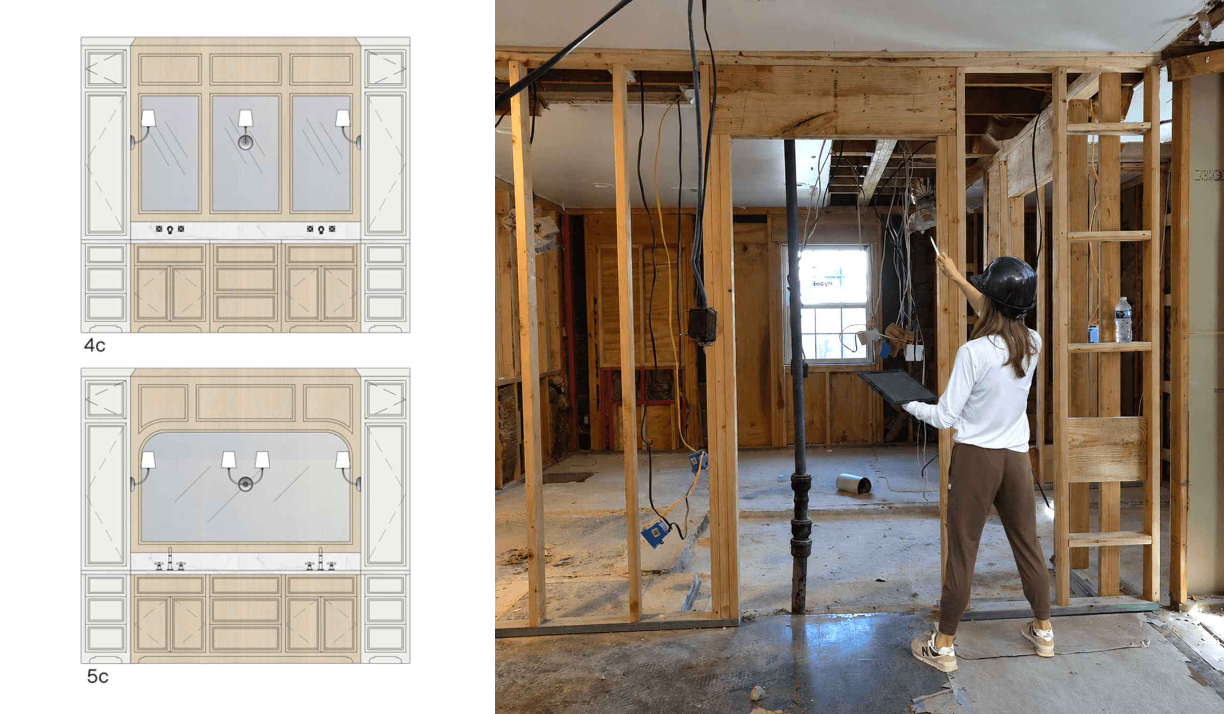 Construction worker wearing a black safety helmet and white shirt inside a house under construction, holding a clipboard and pointing at exposed wooden framing and electrical wiring.