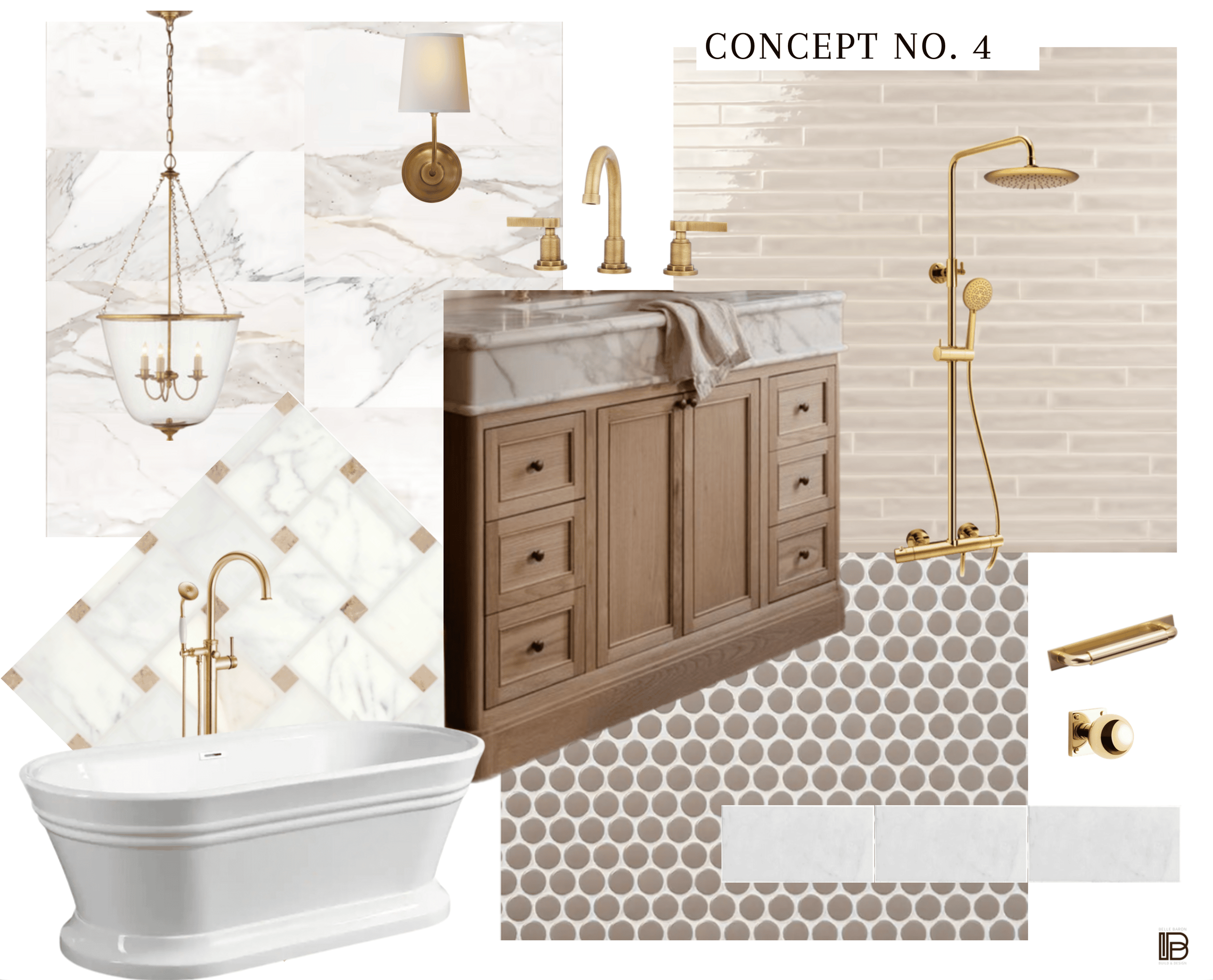 Collage of bathroom fixtures including a chandelier, wall sconce, faucet, bathtub, showerhead, and different tile patterns.