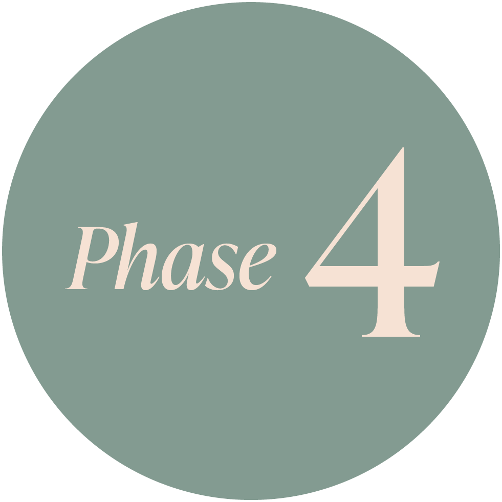 A circular icon with a muted green background displaying the words 'Phase 4' in large, elegant font.