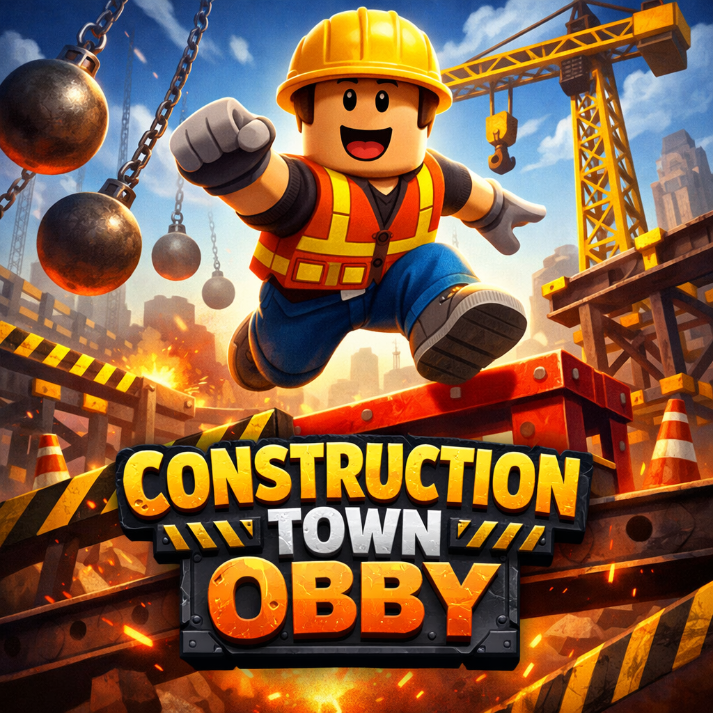 Animated construction worker wearing a yellow hard hat and orange safety vest jumping in a construction site with cranes, concrete blocks, and construction cones, with the game title 'Construction Town Obby' in bold yellow and orange letters.