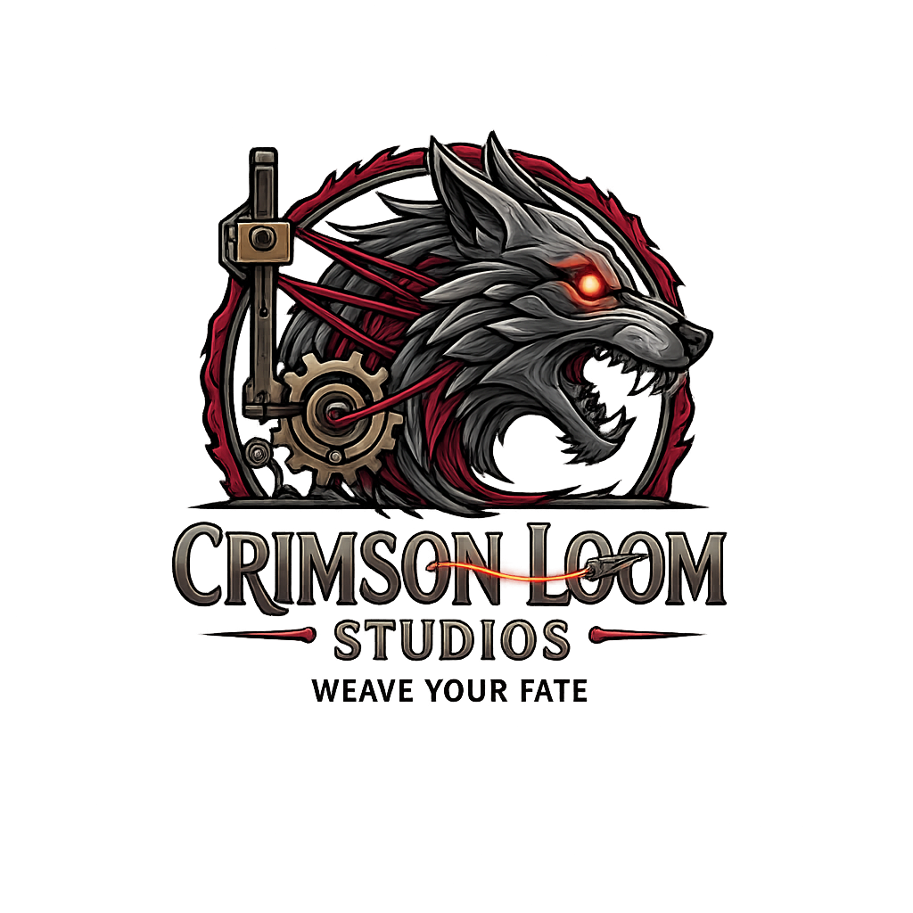 A digital art logo for Crimson Loom Studios featuring a fierce wolf with a glowing red eye, mechanical gear and loom elements, with the text 'Crimson Loom Studios' and the tagline 'Weave Your Fate' underneath.
