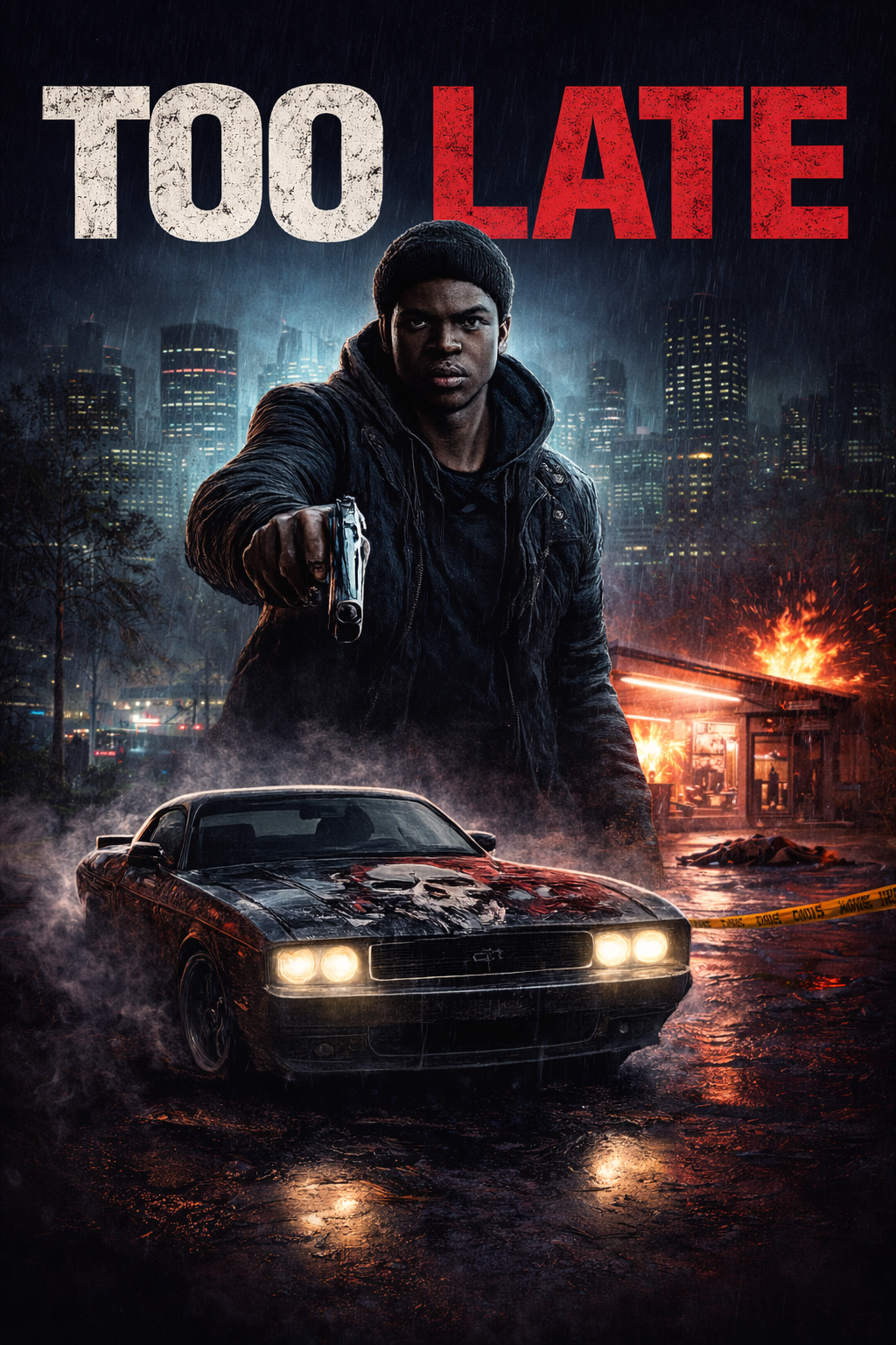 A poster for the movie "Too Late" featuring a young man pointing a gun, with a city skyline in the background, a burning building, a torn police line tape, and a black sports car in the foreground.
