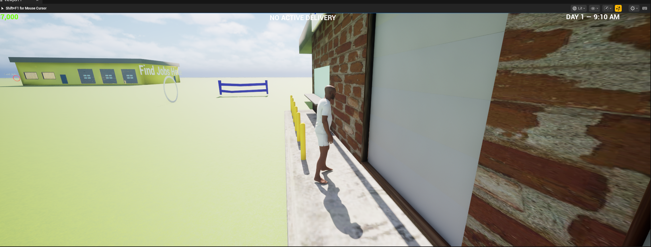 A virtual 3D scene showing a man standing outside a brick building, with a sidewalk, yellow bollards, a window, and a bench. In the background, there is a green building with blue windows and the words "Find Jobs Here." The scene has a clear sky with some clouds.