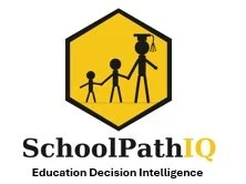 SchoolPathIQ logo with a shield featuring a family holding hands and a smaller child figure, gold and black color scheme.