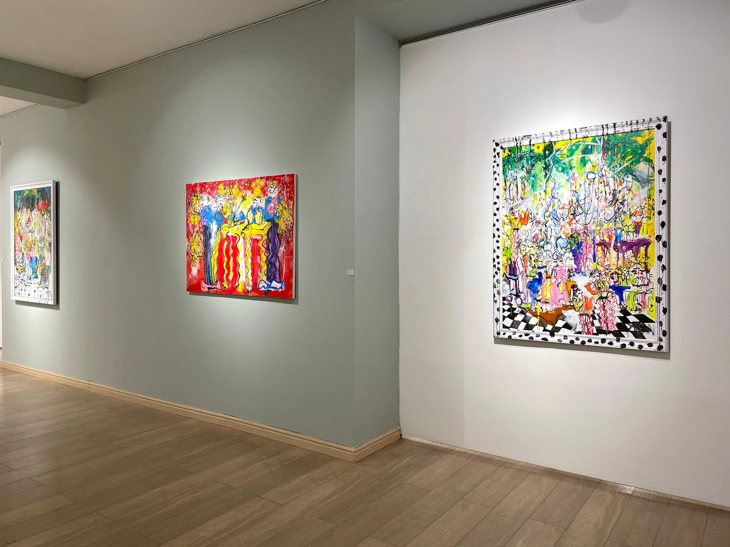 This Is Society: Performance, Play & Party (2025) / 36 x 48 inches / acrylic on canvas and wood / displayed at Ejaz Art Gallery / 20th June 2025