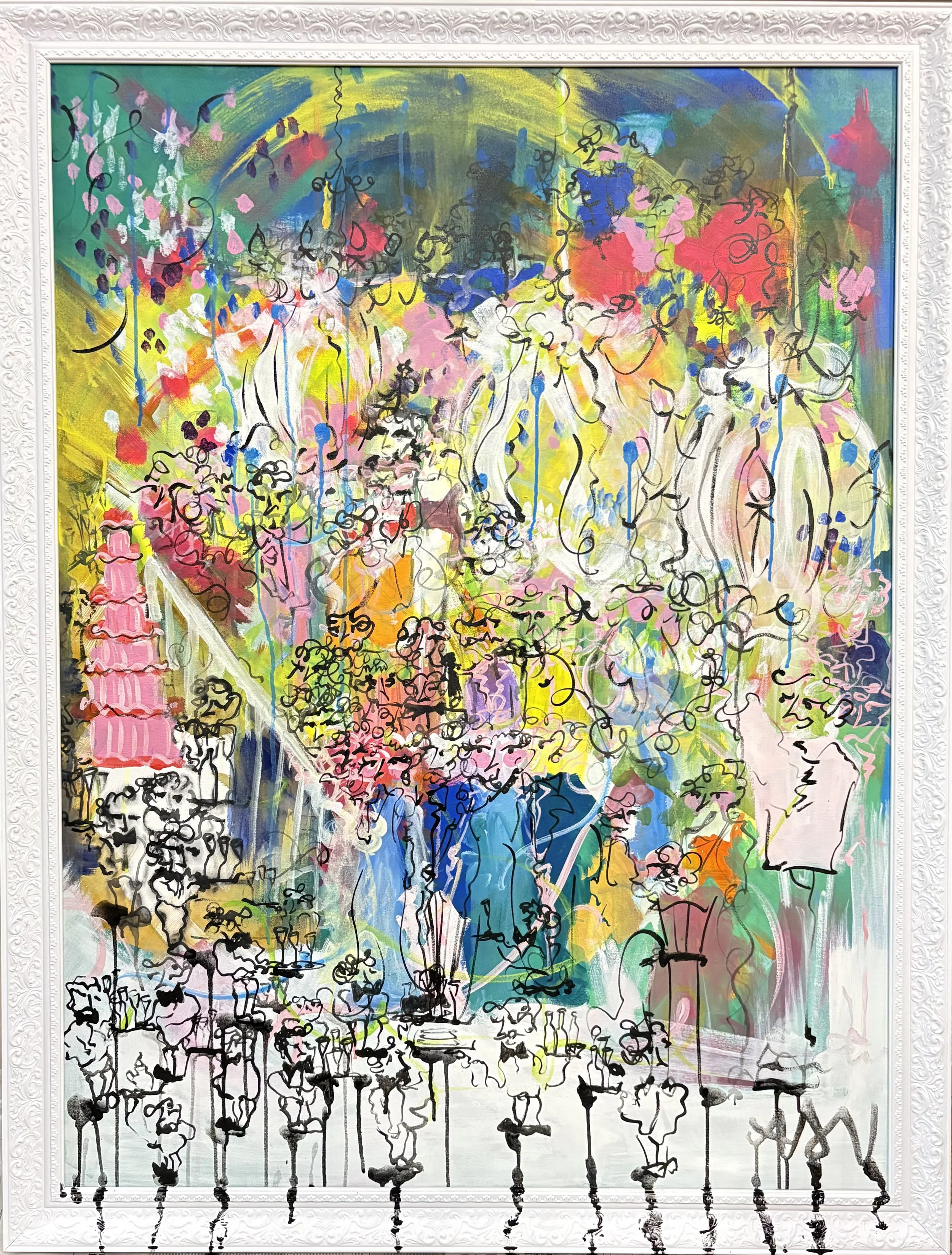 The Little Ppl Struck by Chaos (2025) / 3 by 4 feet / acrylic on canvas and wooden frame / displayed at Ejaz Art Gallery / 20th June 2025