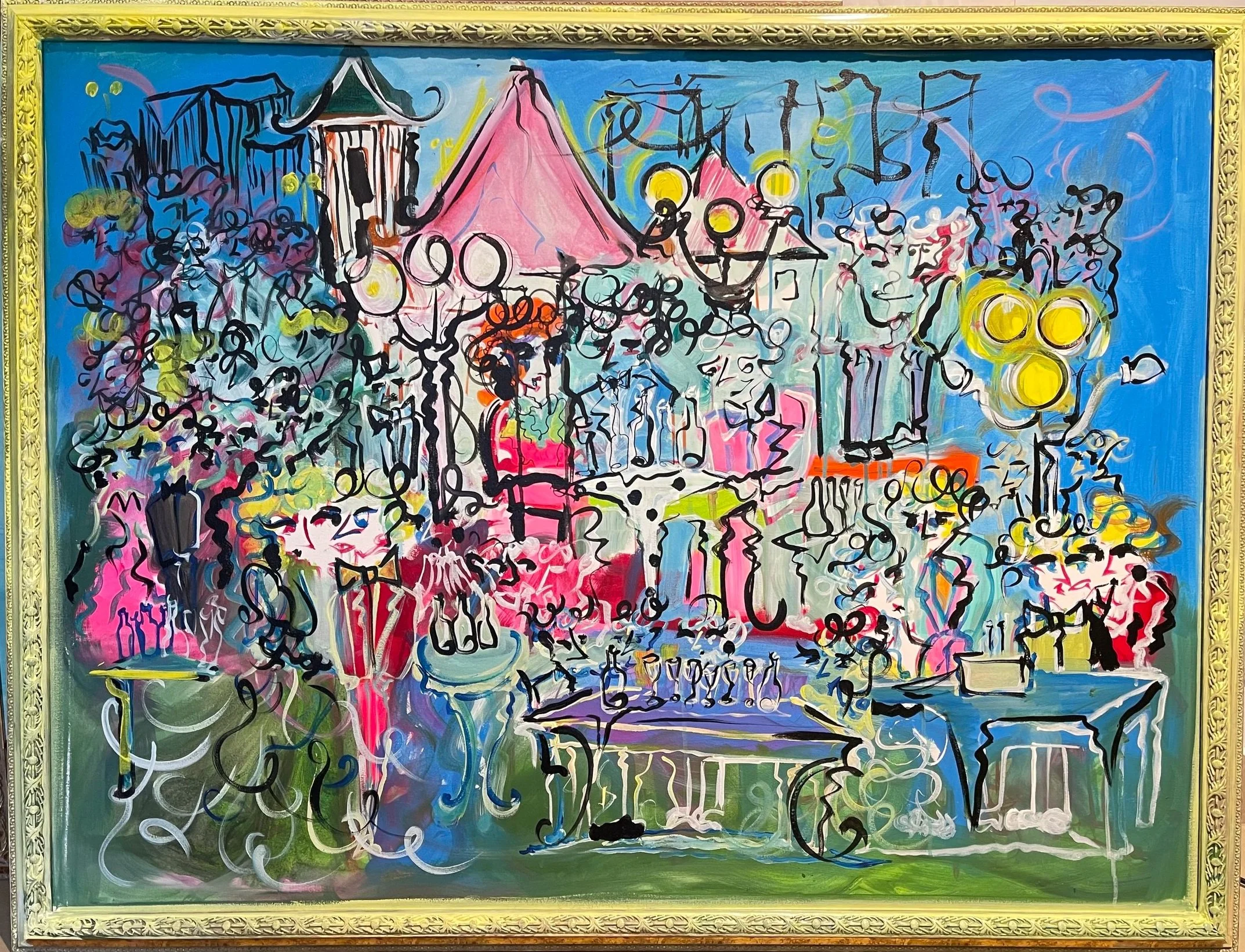 Soirees In My City: A Frere Hall Fantasy (2024) / Acrylic & Ink on Canvas & Wooden Frame / 51.5 x 40 inches / displayed at VM Art Gallery for 'A Winter's Tale" / 14th Dec 2024