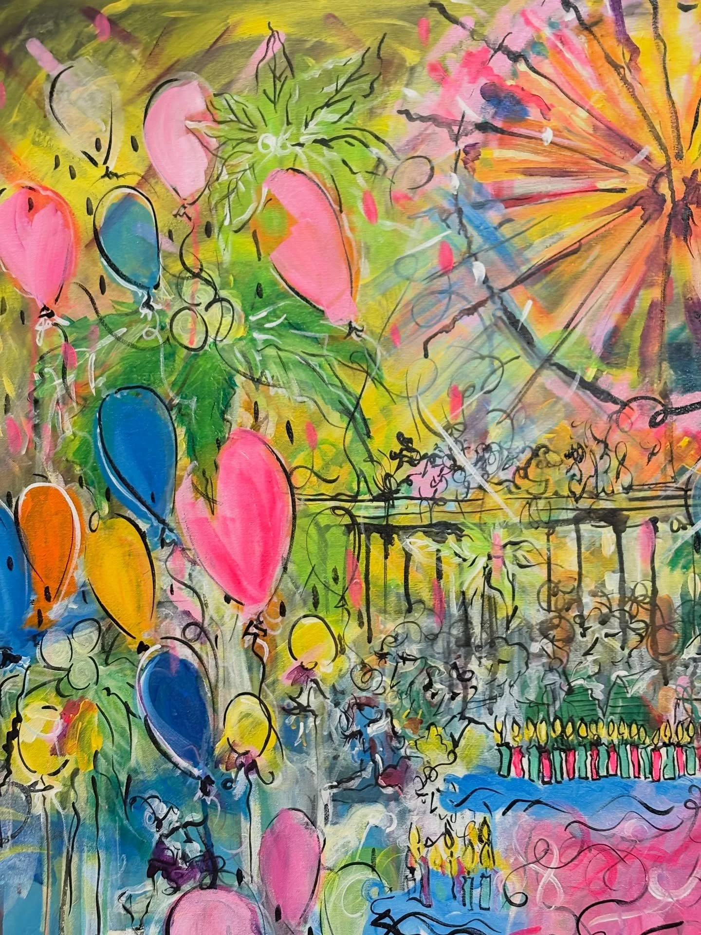 Client Commission 
3x4 ft (framed)

30th Bday themed, set in Santa Monica 💛🩷❤️🤍

Some beachy, soir&eacute;e energy