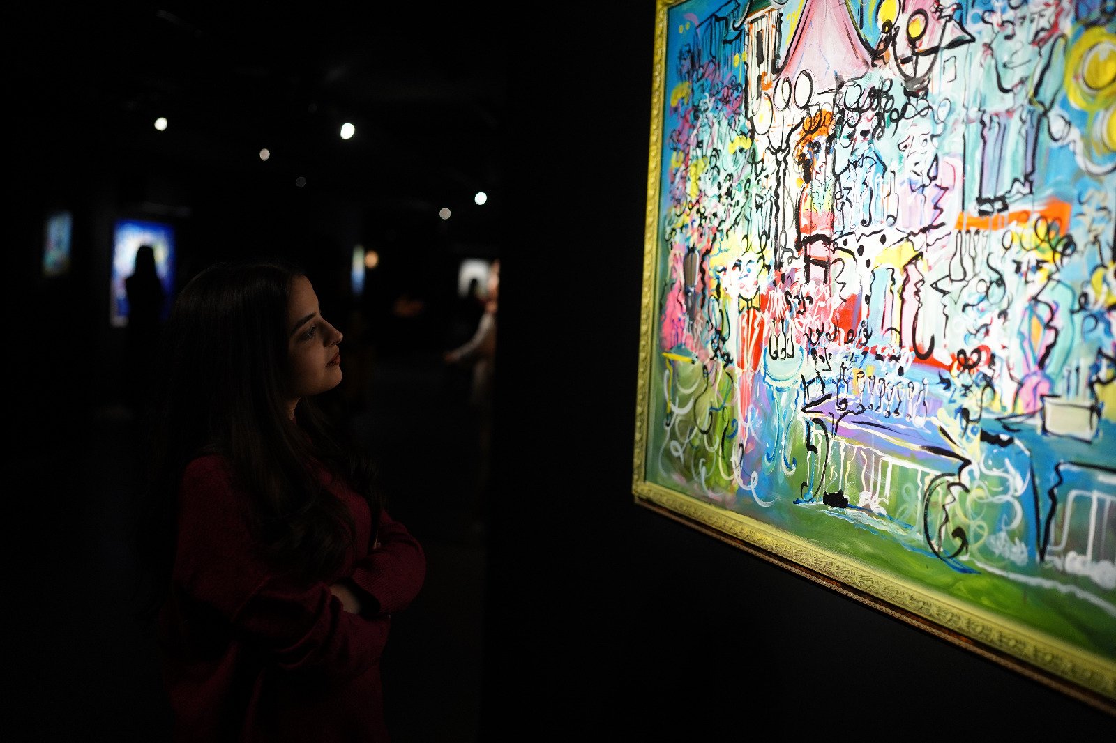 Soirees In My City: A Frere Hall Fantasy (2024) / Acrylic & Ink on Canvas & Wooden Frame / 51.5 x 40 inches / displayed at VM Art Gallery for 'A Winter's Tale" / 14th Dec 2024