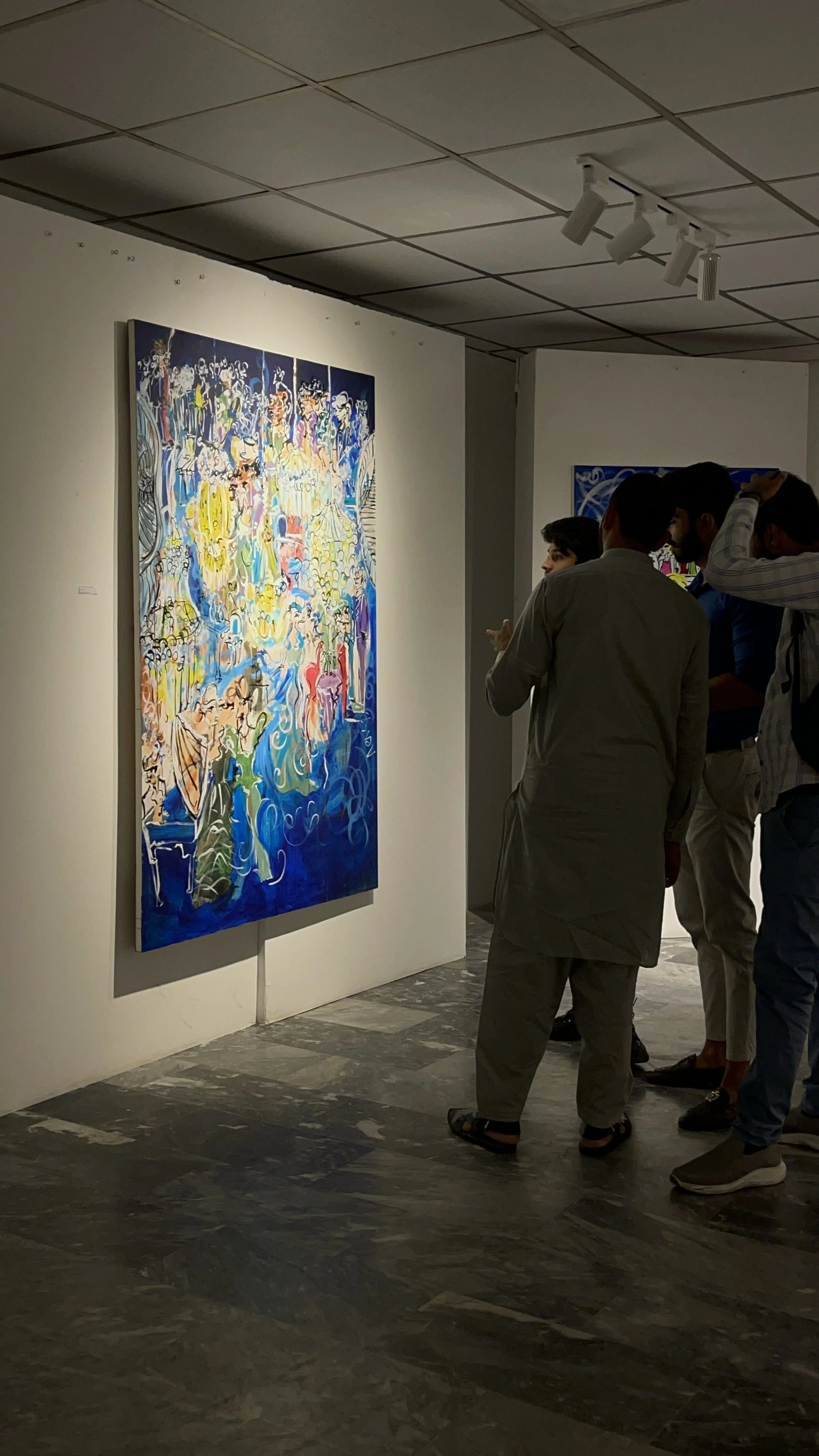 on display / 
Blue In A Ballroom (2024) /
6x4 feet /
acrylic on canvas /
displayed at Alliance Francaise de Lahore / curated by Anne-Sophie /
Oct 8th 2024 /