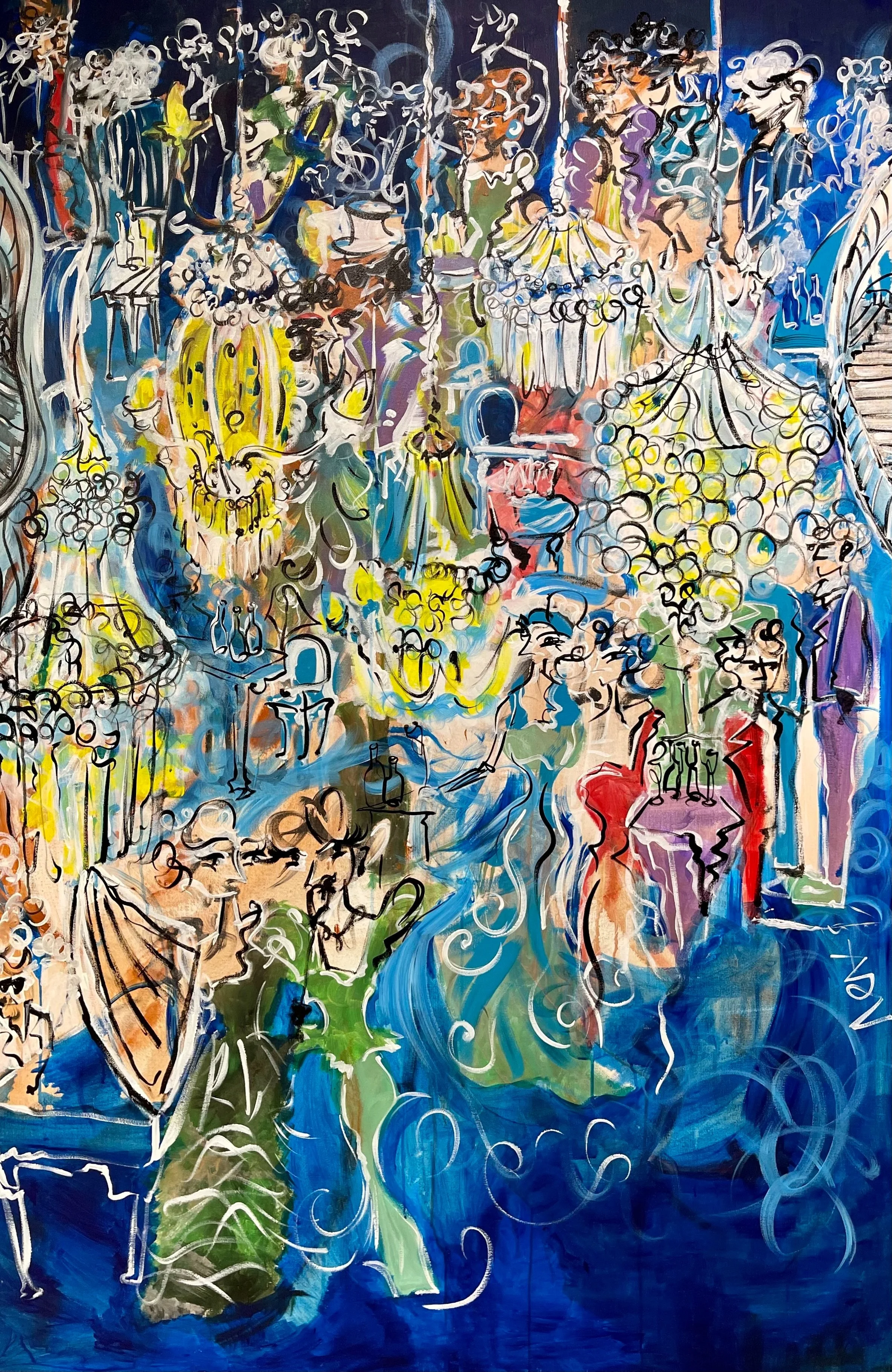 Blue In A Ballroom (2024) /
6x4 feet /
acrylic on canvas /
displayed at Alliance Francaise Lahore) / curated by Anne-Sophie /
Oct 8th 2024 /