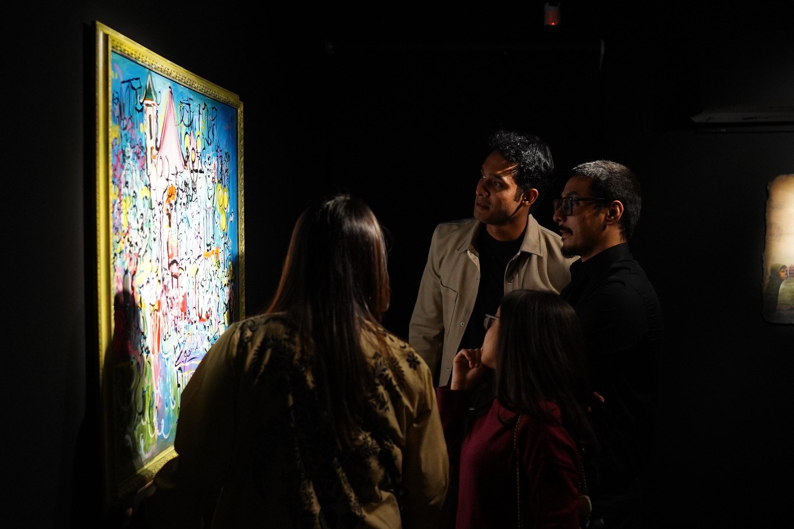 Soirees In My City: A Frere Hall Fantasy (2024) / Acrylic & Ink on Canvas & Wooden Frame / 51.5 x 40 inches / displayed at VM Art Gallery for 'A Winter's Tale" / 14th Dec 2024