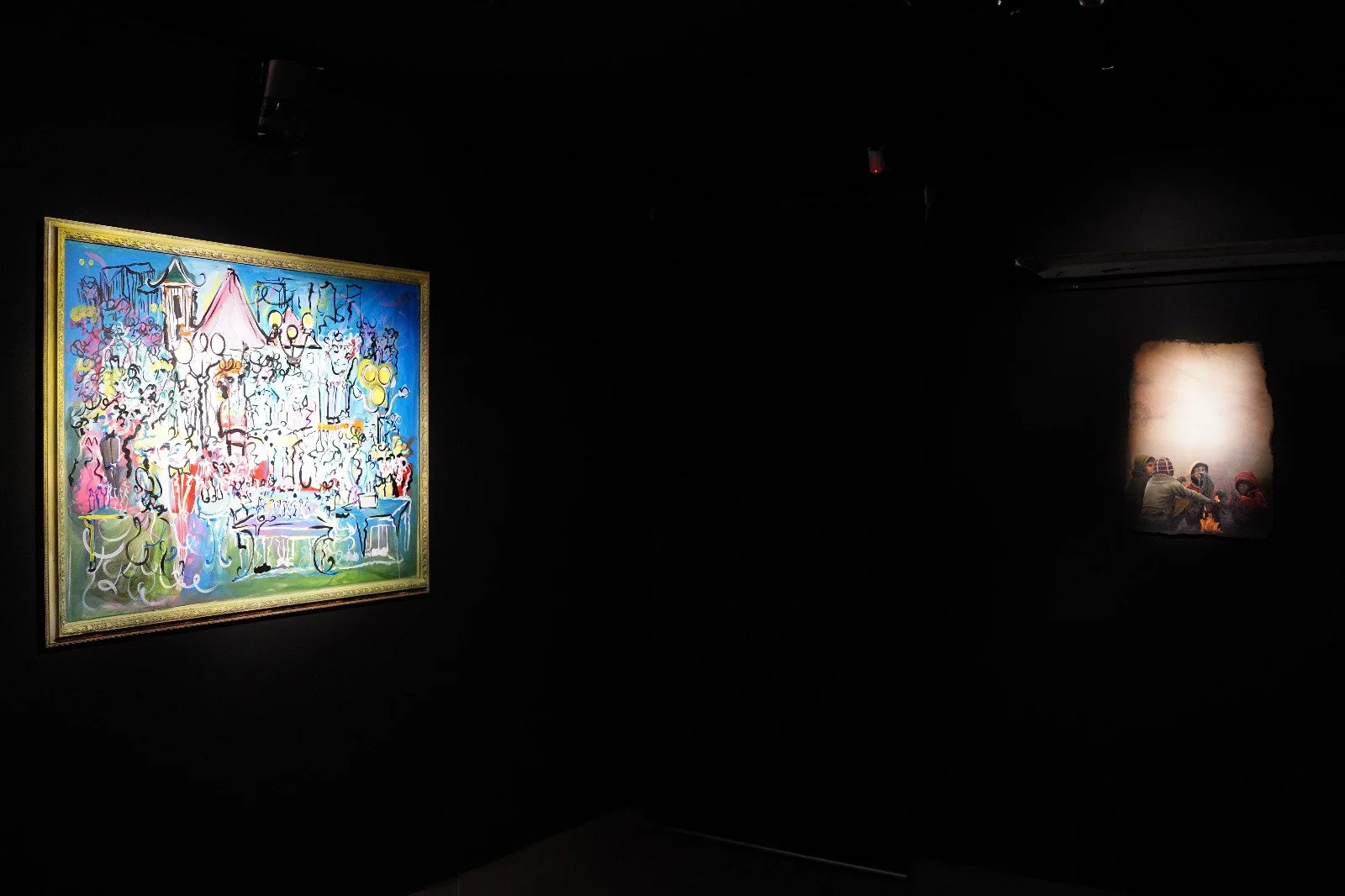 Soirees In My City: A Frere Hall Fantasy (2024) / Acrylic & Ink on Canvas & Wooden Frame / 51.5 x 40 inches / displayed at VM Art Gallery for 'A Winter's Tale" / 14th Dec 2024