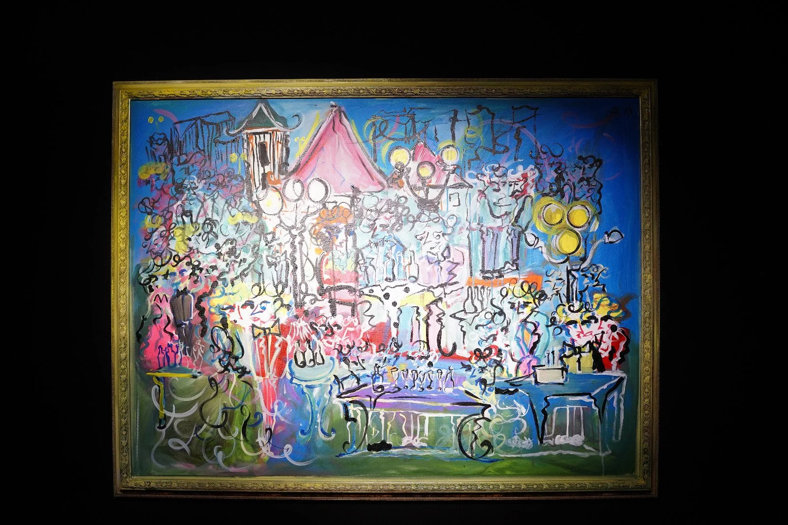 Soirees In My City: A Frere Hall Fantasy (2024) / Acrylic & Ink on Canvas & Wooden Frame / 51.5 x 40 inches / displayed at VM Art Gallery for 'A Winter's Tale" / 14th Dec 2024