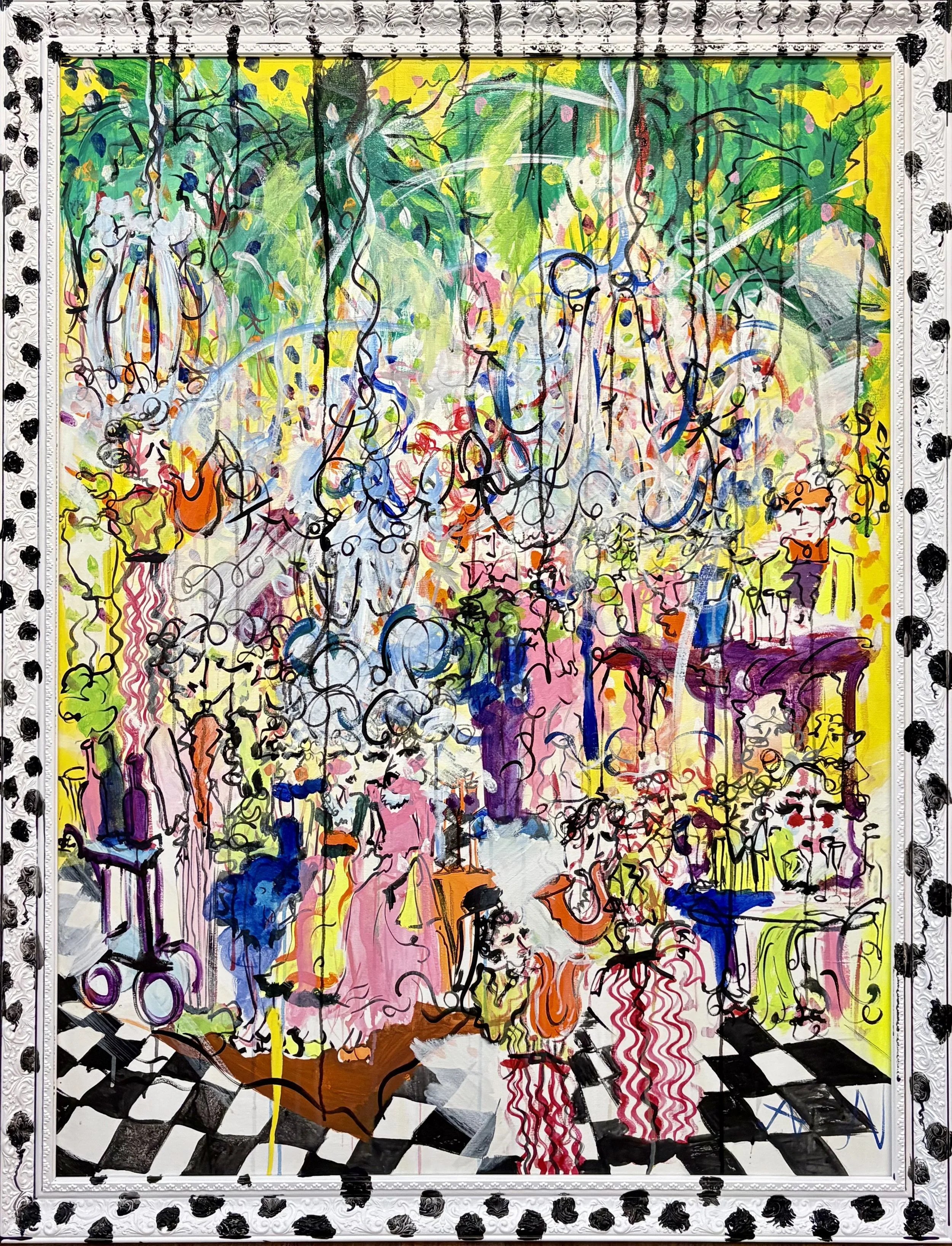 This Is Society: Performance, Play & Party (2025) / 36 x 48 inches / acrylic on canvas and wood / displayed at Ejaz Art Gallery / 20th June 2025