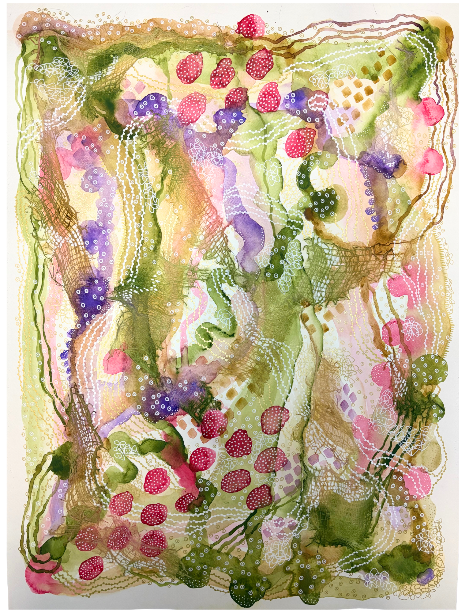 In bloom. 18"x24". Watercolor, ink, and gauze.