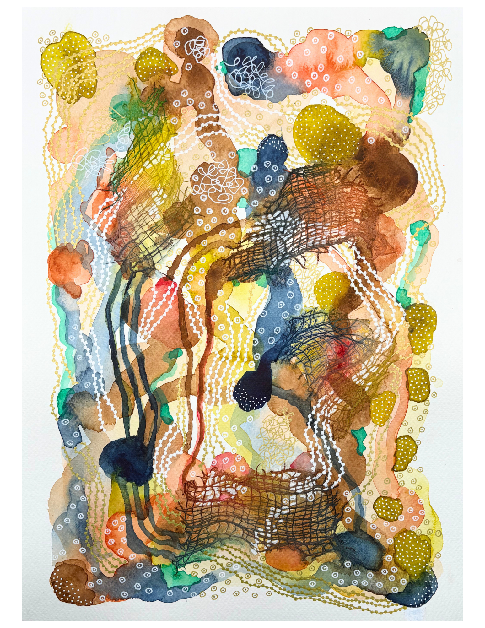 Girl on fire II. 11"x15". Watercolor, ink, and gauze.