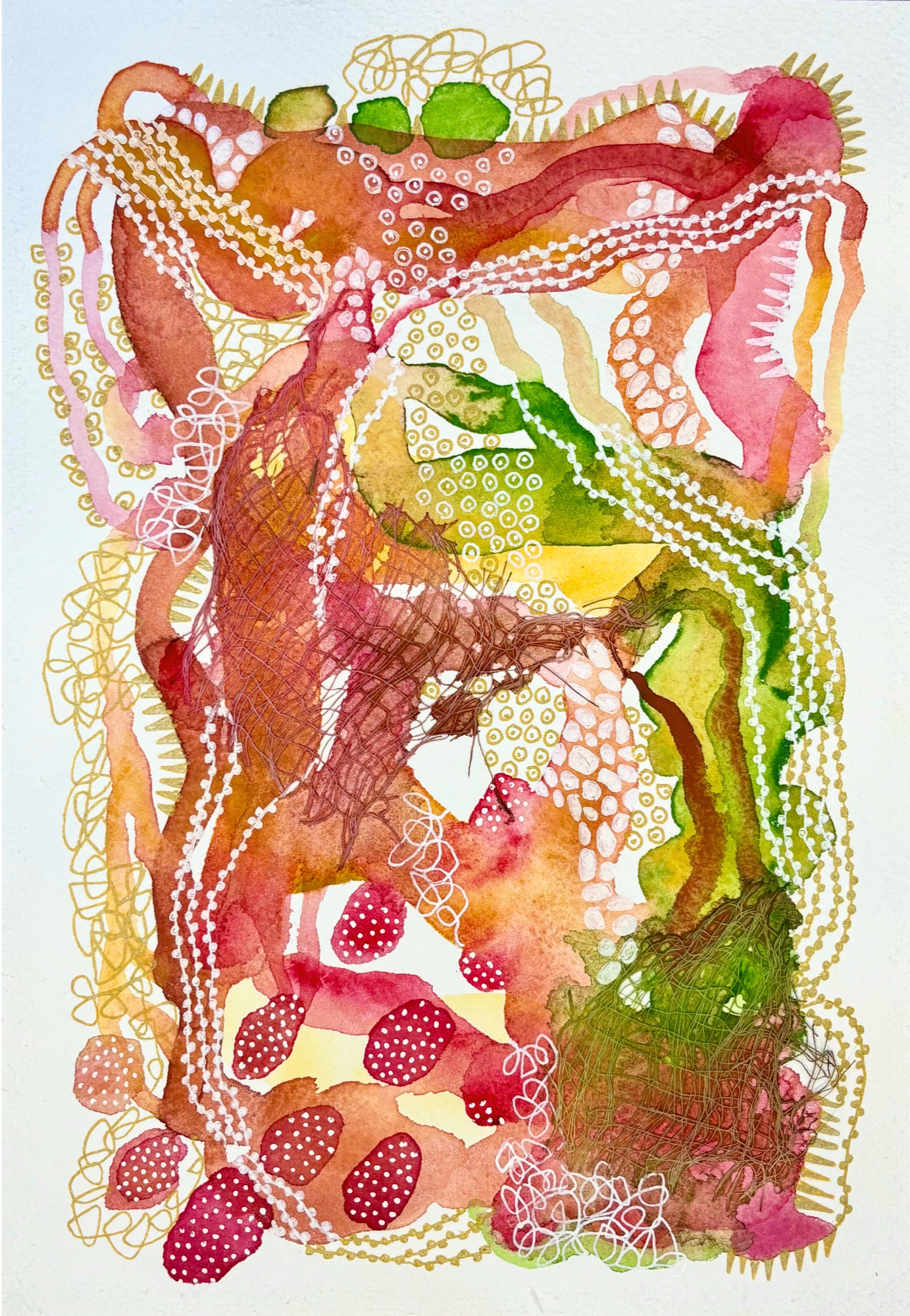 Little bit of this. 7"x10". Watercolor, ink, and gauze.