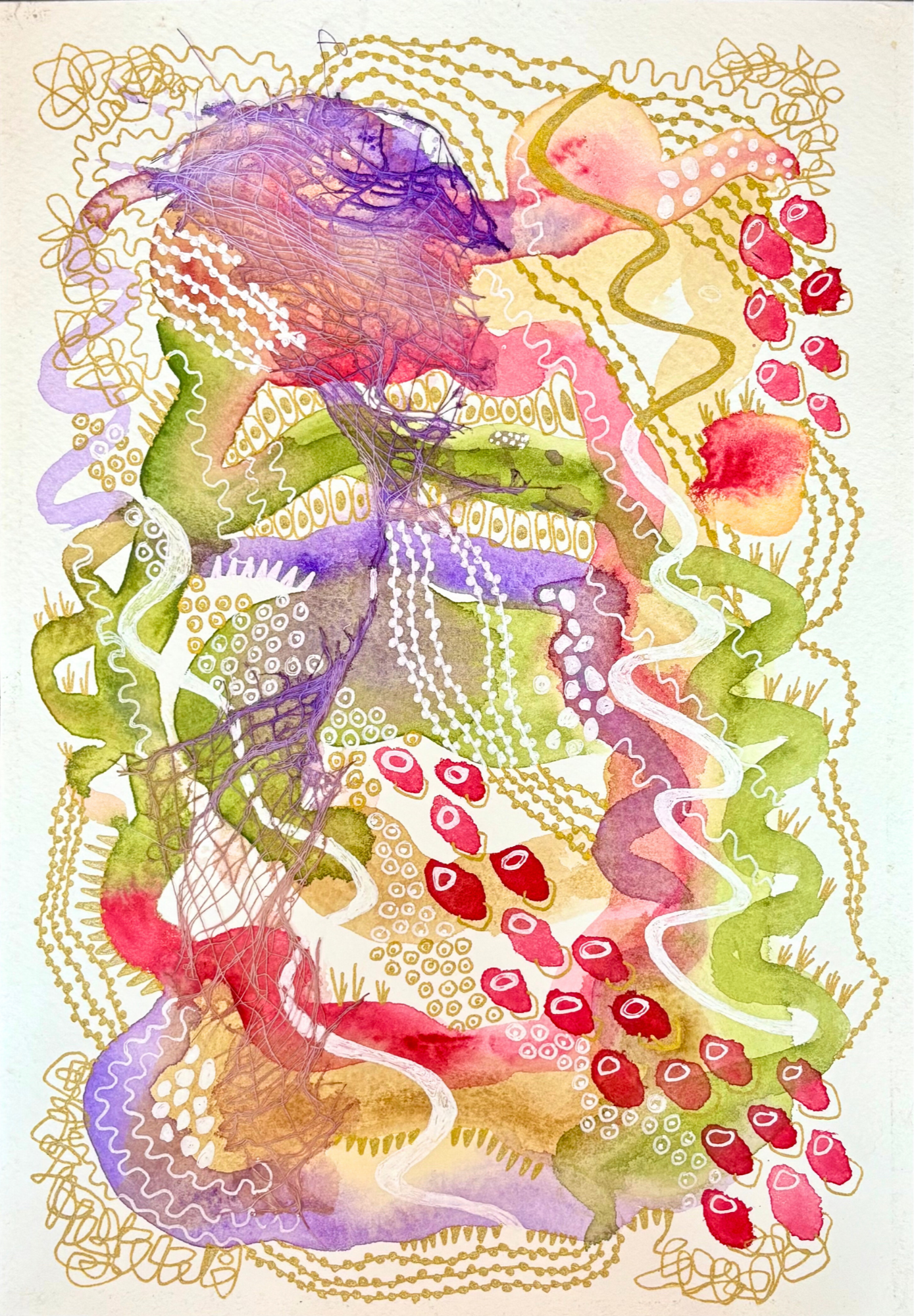In other words... 7"x10". Watercolor, ink, and gauze.