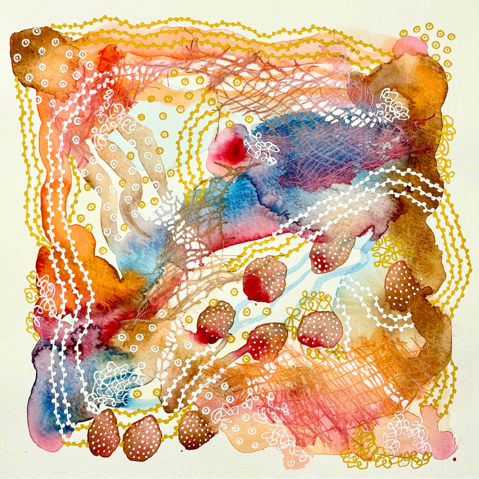 Sewing the seed III. 8"x8". Watercolor, ink, and gauze.
