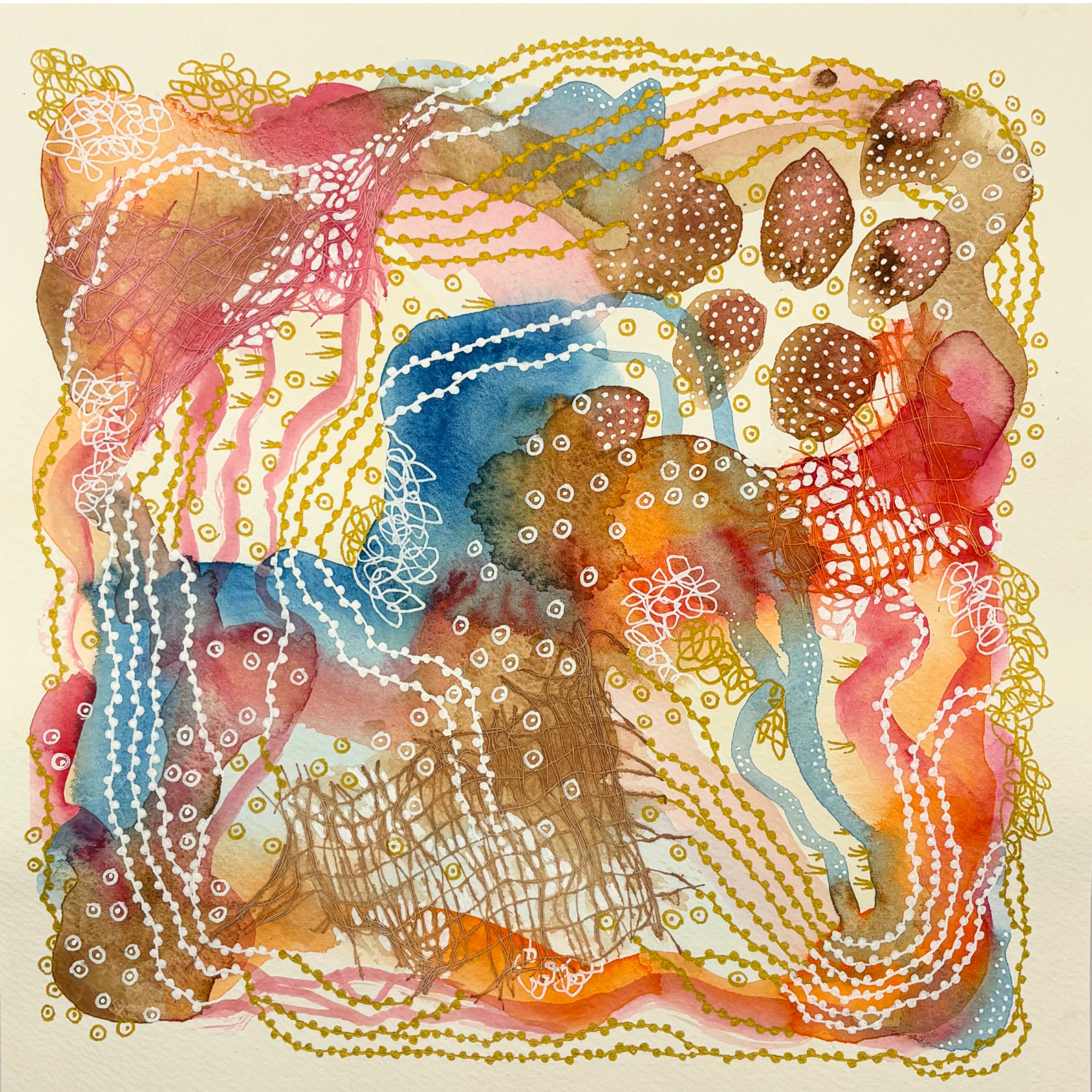 Sewing the seed IV. 8"x8". Watercolor, ink, and gauze.