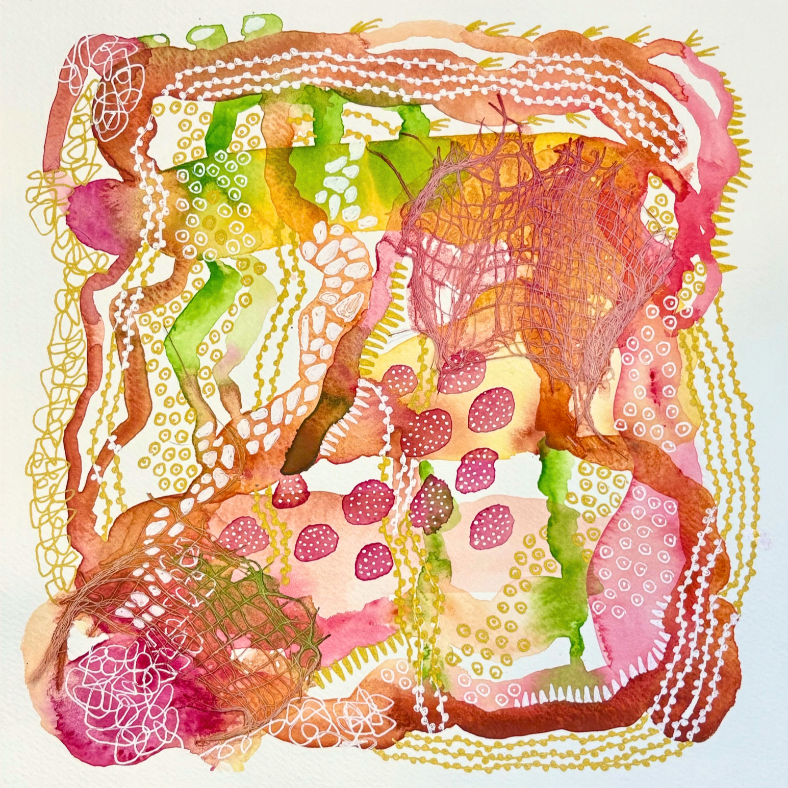 Slow burn II. 8"x8". Watercolor, ink, and gauze.